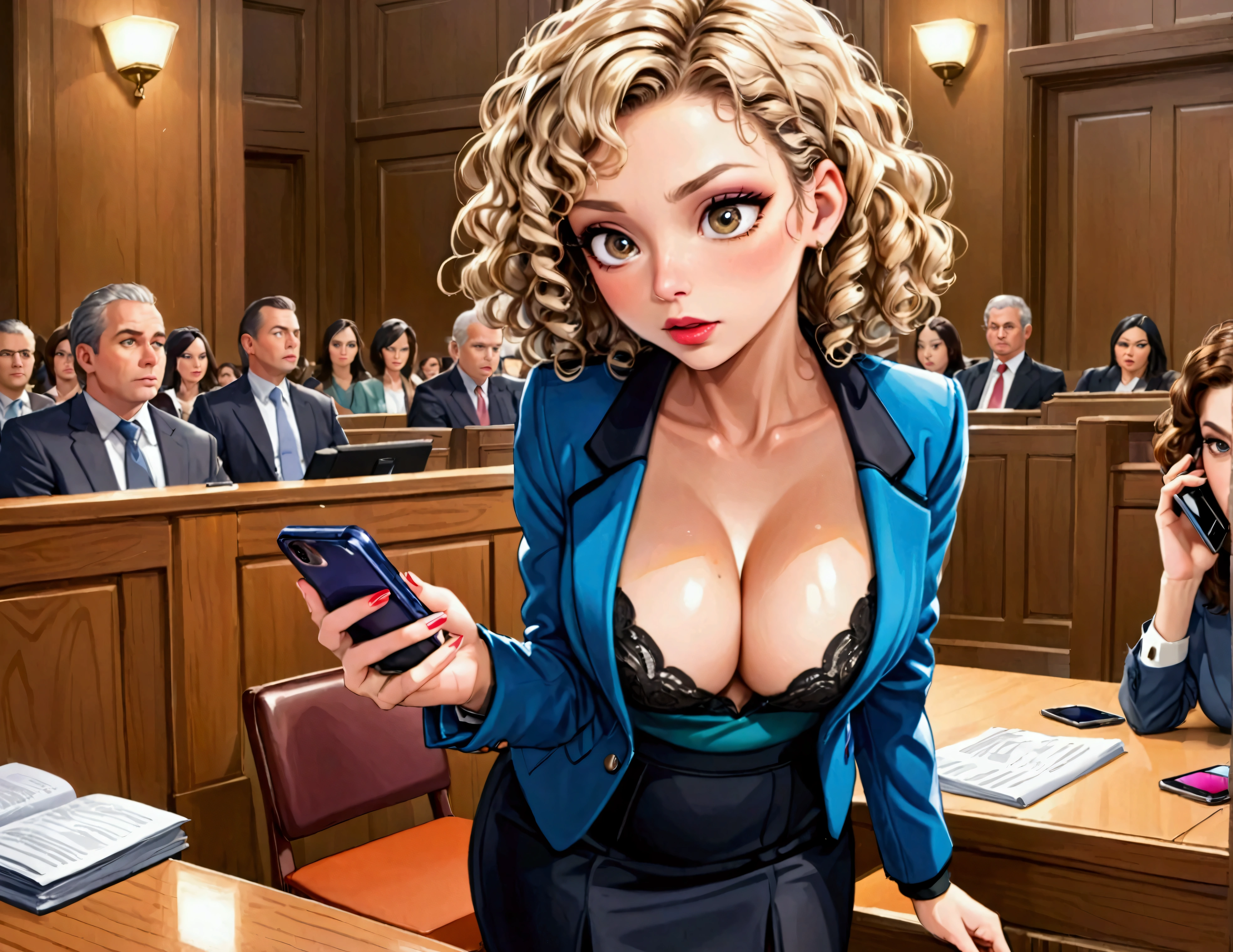 A cute woman (age 40, perm in hair, formal jacket, mini skirt, high heels, little make up, cleavage small but over exposed, folder, cell phone) is questioning a witness in a court room