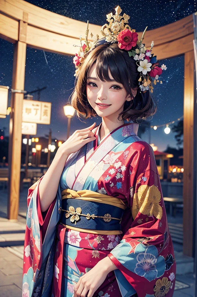 A beautiful woman wearing a gorgeously patterned kimono greets people with a smile under the starry sky