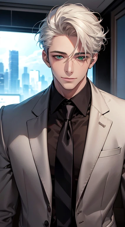 (Highest quality,4K,8K,High resolution,masterpiece:1.2),Super detailed,(Realistic,photoRealistic,photo-Realistic:1.37),1 person,34 years old,Mature Men,Beautiful skin、very handsome,Expressionless smile in love,Short white hair,green eyes,Sharp Eyes,A perfect face without a doubt,Businessman, CEO, Office Background,Cinema Lighting,HDR image,tie、