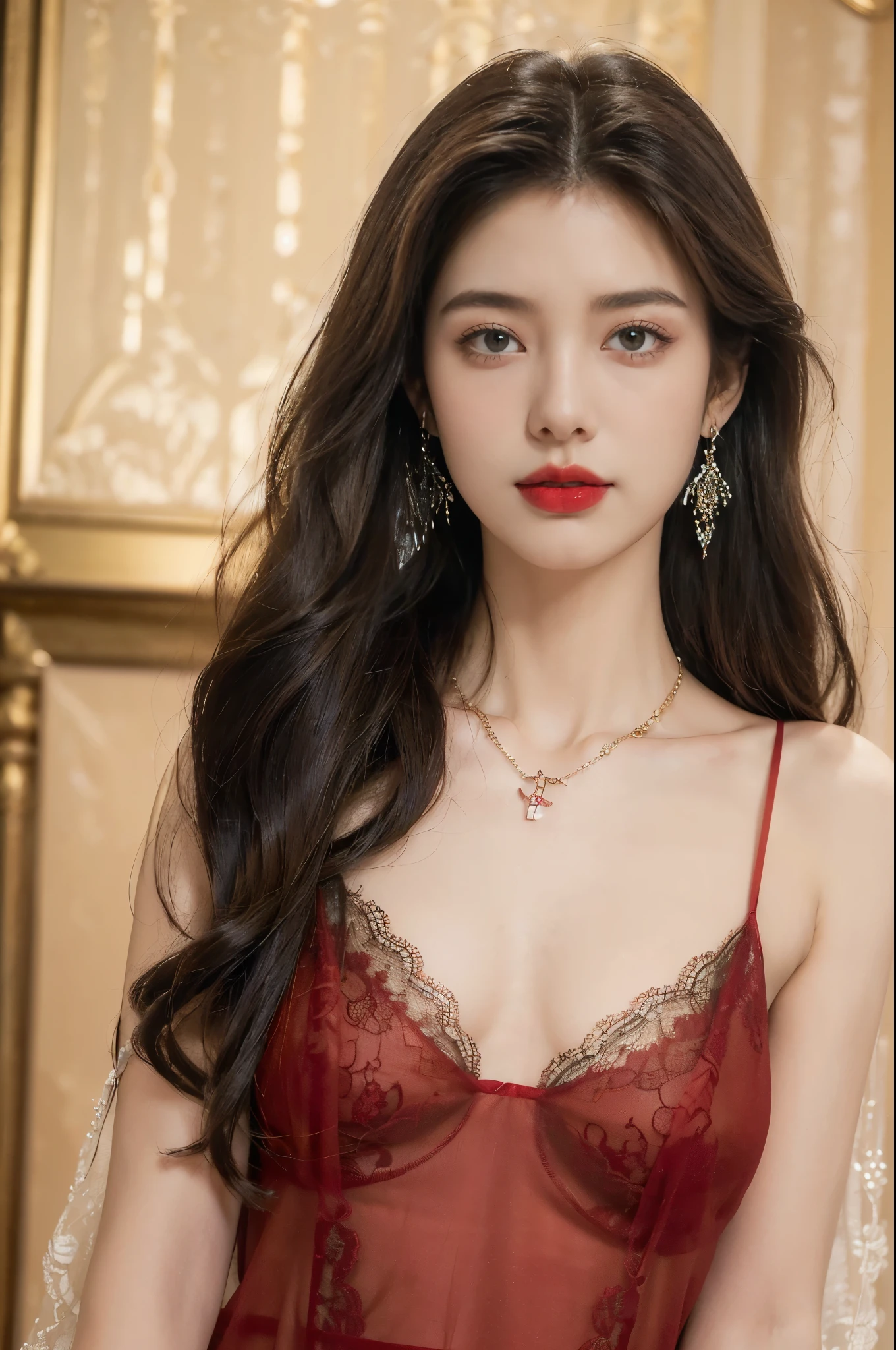 (((best quality))),(((ultra detailed))),(((masterpiece))),illustration,((1 beautiful girl,solo)),(neat medium straight hair:1.2),((slim,thin)),((small breasts,flat chest)),(sheer lace nightgown:1.3),((fair skin, red lipstick)),(in elavator:1.3),ambient lighting, radiant beauty,((earrings,necklace)),serene elegance, enchanting appearance,tranquility, romance,((from front,upper body))