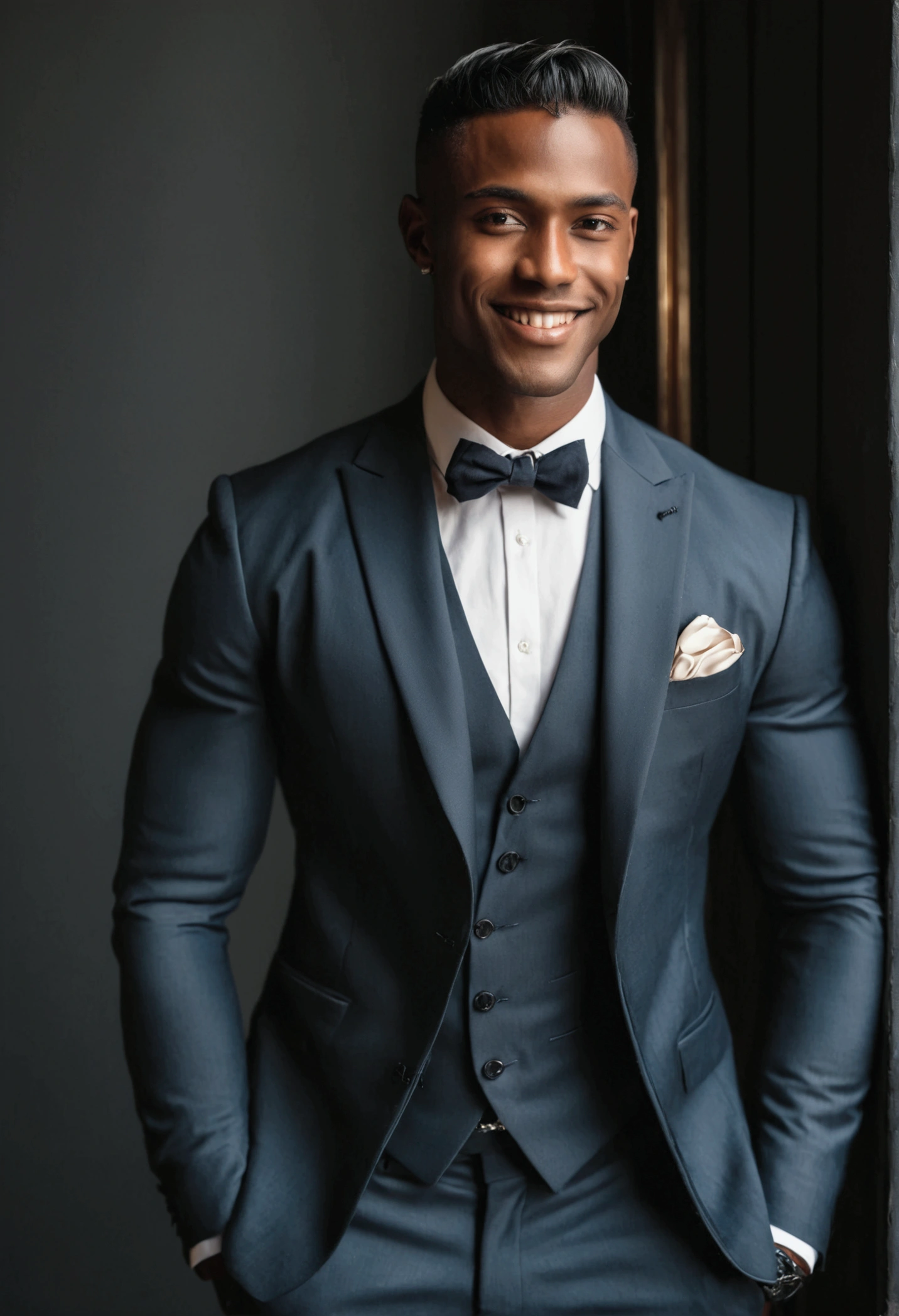 handsome man with light black skin, using suit, strong physique and sideways smile. chic.