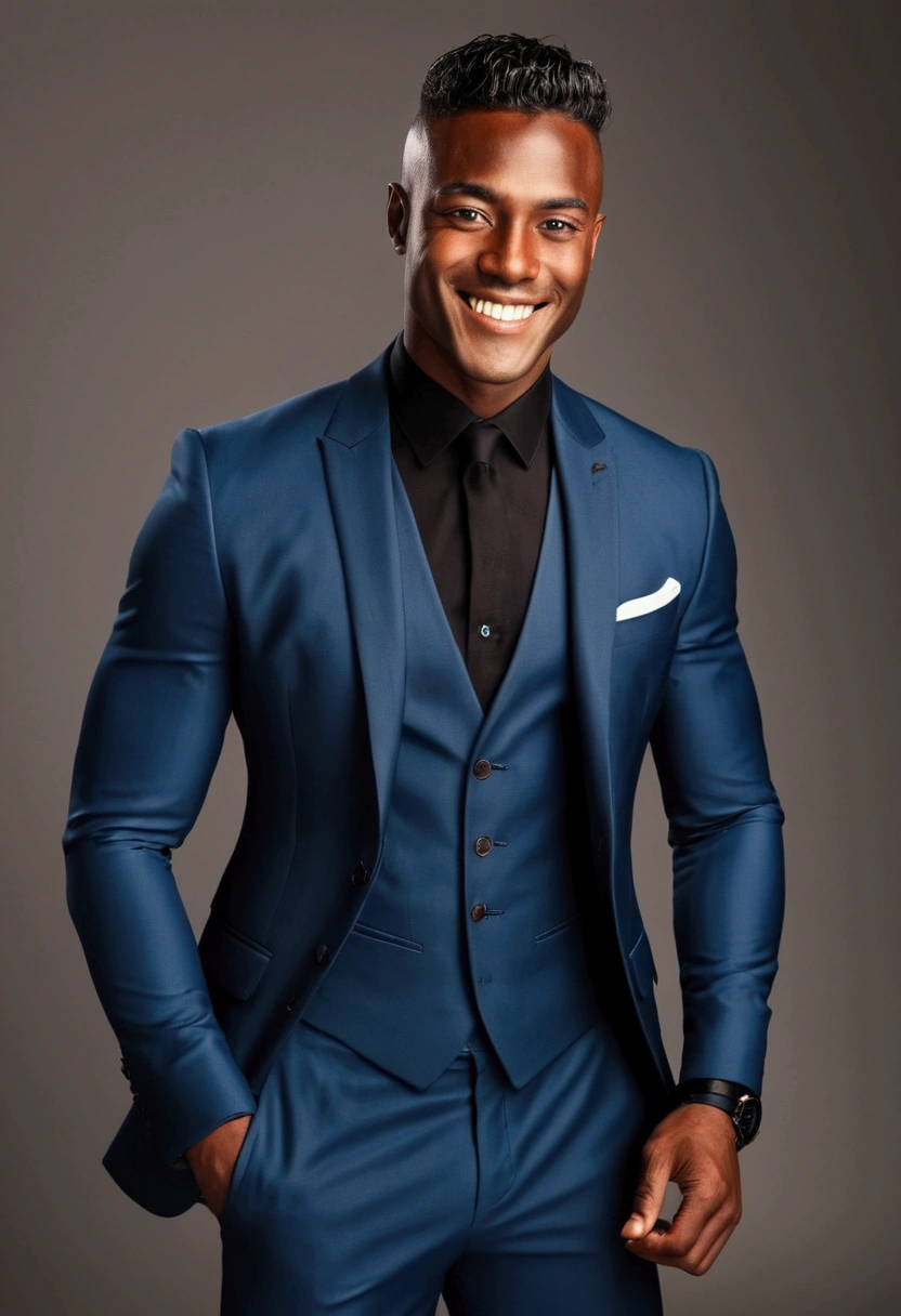handsome man with light black skin, using suit, strong physique and sideways smile. chic.