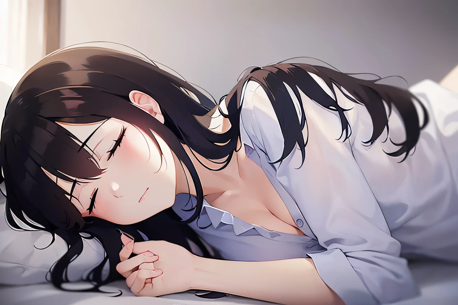 Cleavage,Realistic,Real person,(Pale skin: 1.2),RAW Photos,Realistic,Glowing Skin,Shiny Hair,(A 27-year-old woman with medium-length hair and bangs)and(Wavy Hair)and(Brown Hair)and(Orange eyes),BREAK(White collared shirt:1.5)BREAK,(sleeping:1.5),(closed eyes:1.5),Background is the bedroom at night,alone,lie on own side