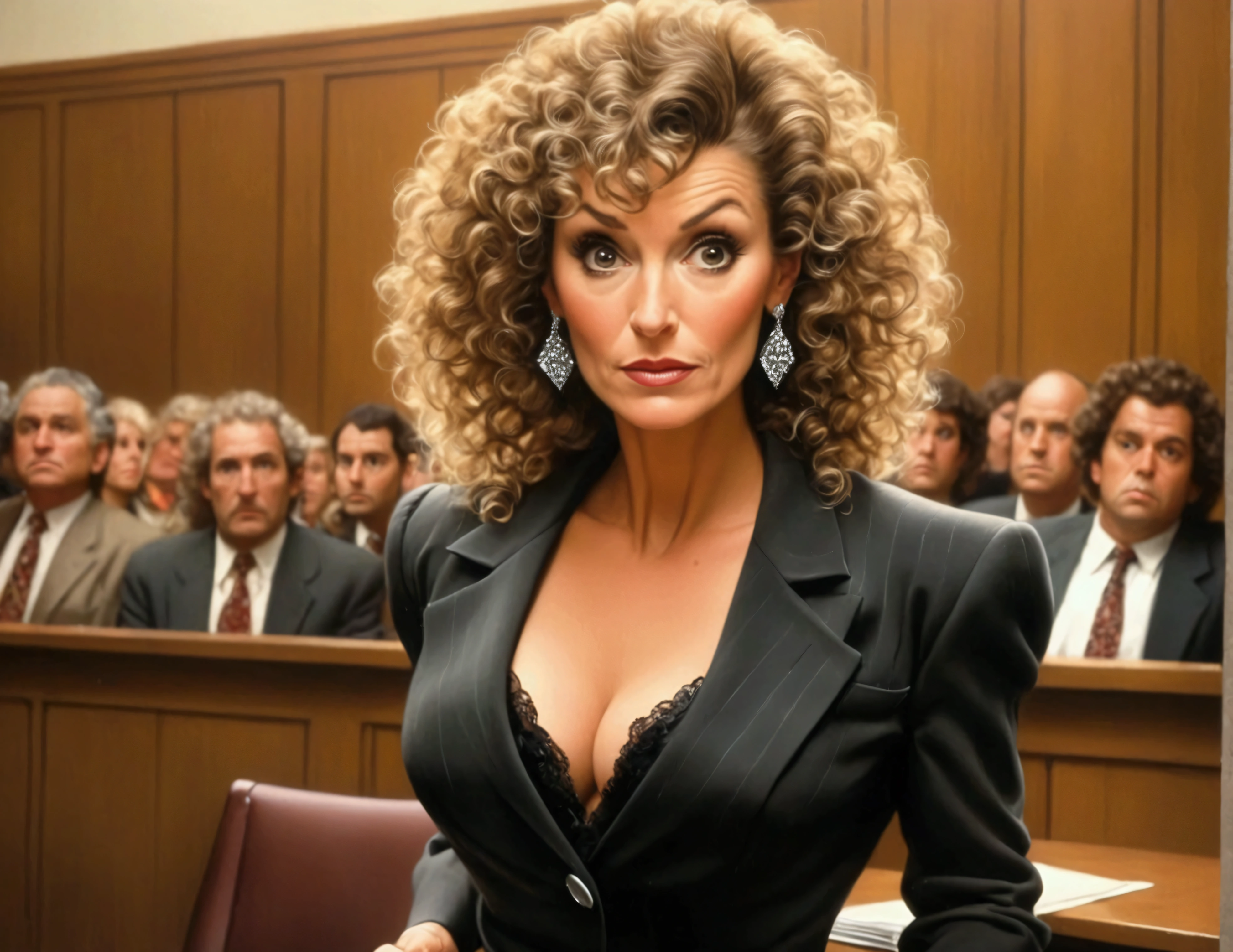 A cute woman (age 40, perm in hair, formal jacket, mini skirt, high heels, little make up, cleavage small but over exposed, folder, cell phone) is questioning a witness in a court room
