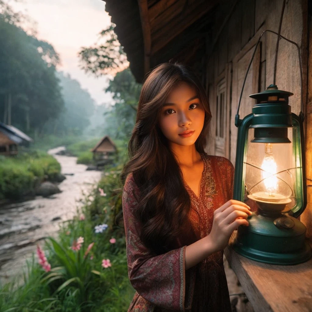 a beautiful Indonesian woman, 20 years old, oval face, beautiful long hair. Realistic skin, ideal body
was lighting a Petromax lamp at dusk in a traditional wooden house on the outskirts of the forest, beside which a river flowed clear. Green grass and various flowers add to the comfortable twilight atmosphere.