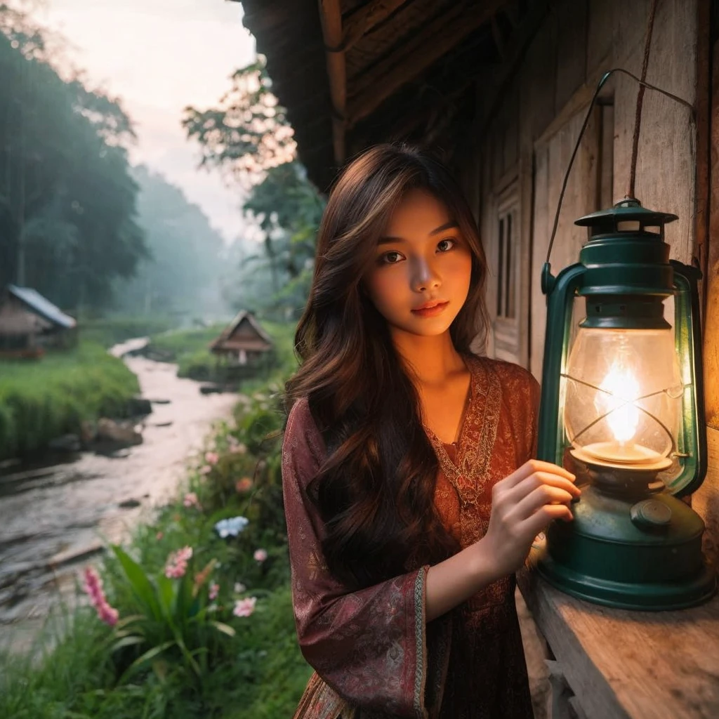 a beautiful Indonesian woman, 20 years old, oval face, beautiful long hair. Realistic skin, ideal body
was lighting a Petromax lamp at dusk in a traditional wooden house on the outskirts of the forest, beside which a river flowed clear. Green grass and various flowers add to the comfortable twilight atmosphere.