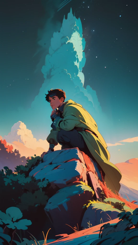 A contemplative teenage boy is perched comfortably on a majestic mountain peak, nestled under the embrace of a giant tree. Its dense canopy, lush emerald leaves, is a stark contrast to the dramatic sky above. Thick, brooding clouds, containing unspoken secrets, dominate the sky, their bold shapes casting intricate patterns of light and shadow across the rugged landscape. The boy looked up, his eyes fixed on the vast expanse where the horizon met the sky. The posture is relaxed. Mountain ranges, with a stunning backdrop, stretch out in all directions, their peaks and valleys a silent testament to nature's majesty. The bright colors of the surrounding flora, frame the solitary figure of the boy, The atmosphere is one of serene stillness, a moment frozen in time, This image exudes a sense of serenity, a visual symphony of the power of nature and the immense impact it has on the human spirit, 4K. wide angle shot, cool toned color grading, lens flare, long exposure,, (cartoon- bold line work style: 1.2), bright colors, cel shading