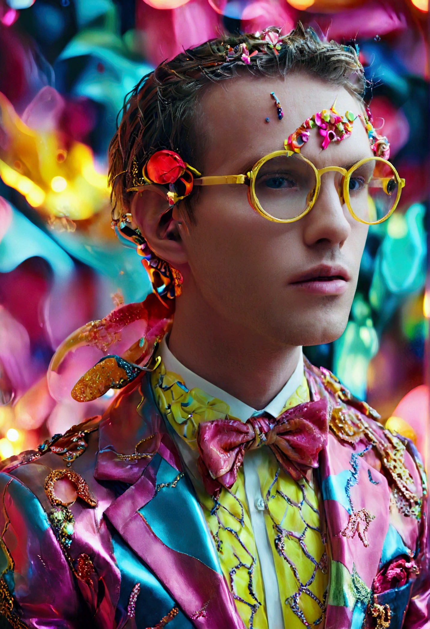 a Fashion Model man abstract style, full body, 35mm photograph, bokeh, by Rachel Maclean and Miles Aldridge, cinematic still, (best quality, masterpiece), very aesthetic, perfect composition, photorealistic, intricate details, ultra-detailed, vivid colors
