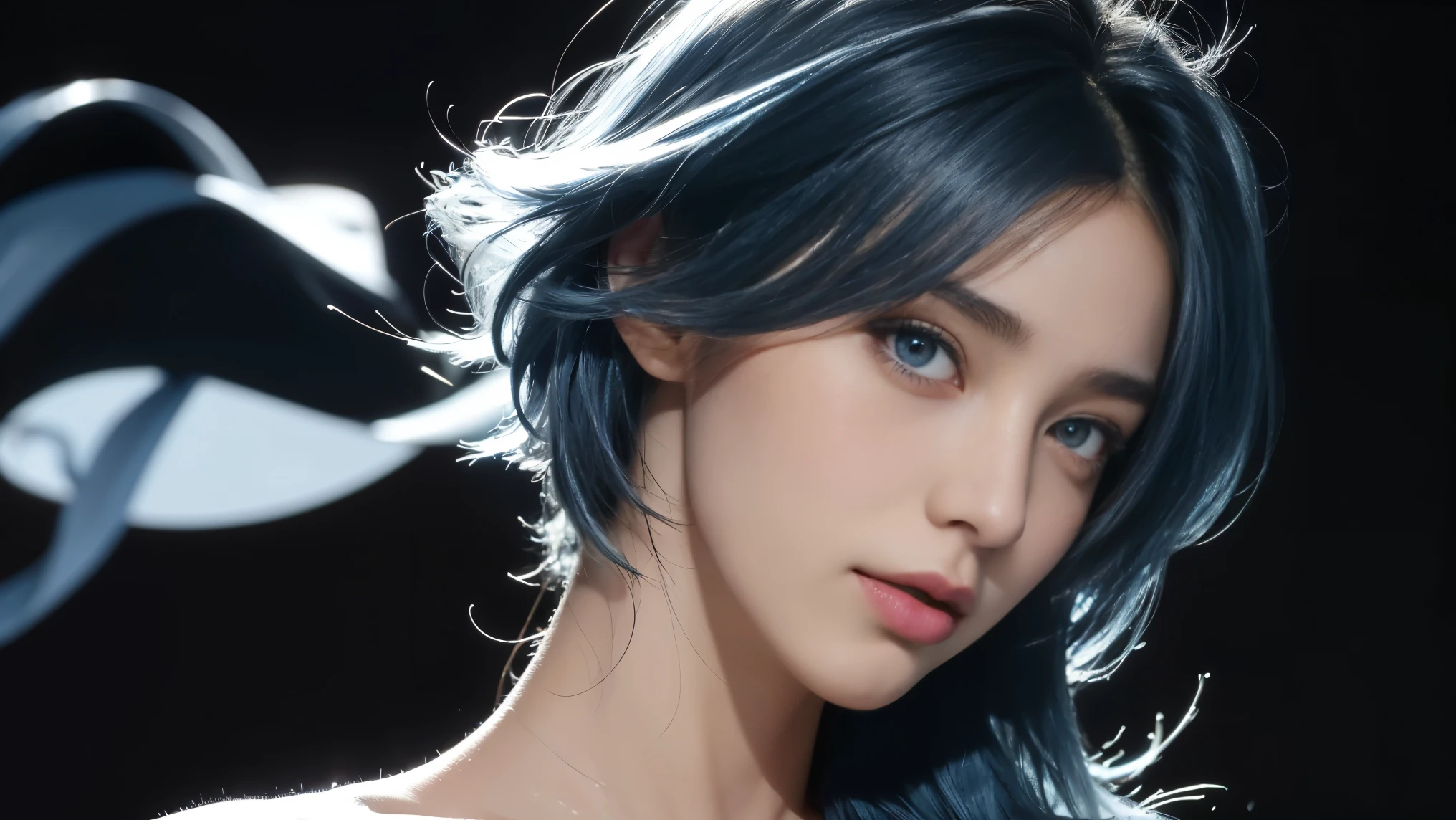 8K, Top Quality, Intricate Details, Ultra Detail, Ultra High Resolution, Masterpiece, close up shot, face shot,  (full body: 1.1), Slender, Smile, (Makeup: 0.4), ,(( blue hair, bangs, short hair, blue eyes, )), (Fluffy  Eyes: 1.21), (()), 1girl, solo, 1 girl, (()), close up shot, , ((tall)), (((fit body))), (((slim face))), sharp face, (( )) ,,  ))  ,(detailed face), sharp face, small lips, , ,((, )) ,, ,
 ((,no bra, braless )), , ((wind blow, strong wind, wind blow hair )), detailed face, detailed breast, large breast ,huge breast,  detail nipples ,, Narrow Waist, Skinny, tall , 190 cm tall, Muscular, Navel, Exposed Abdomen, Pointed Chest,, Beautiful girl with accentuated slender abs: 1.4, Six Pack Abs: 1.4, , Perfect Body, detail legs, (( dark background)), black background,