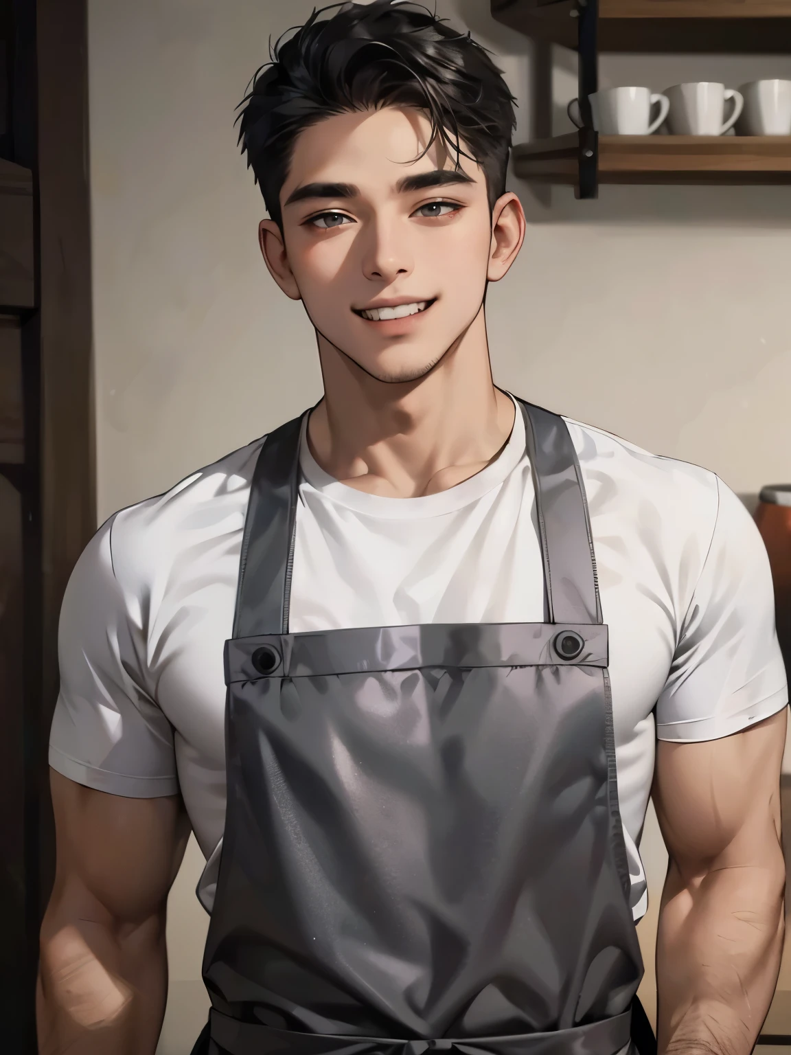 (Portrait),men wear dark gray shining apron over white T-shirt, muscular and handsome,fang,black hair,facial hair,Smile, Open Mouth, Depth Of Field, 
