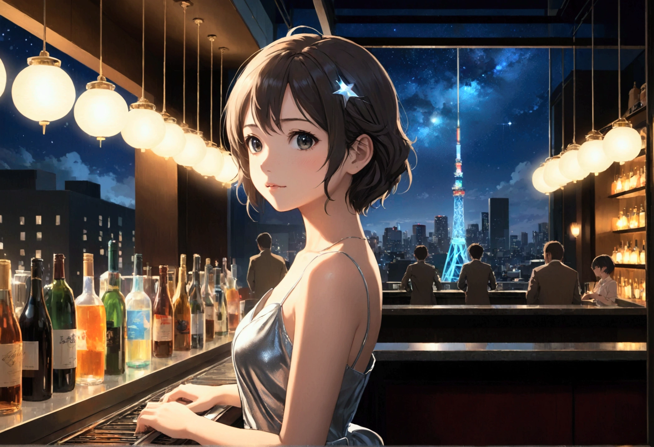 Uses Makoto Shinkai&#39;The depiction is perfect,Portrait of Sana Minatozaki,8k 4k masterpiece photo ,Tokyo,Glass ceiling jazz bar,I can see the twinkling stars through the glass window.,that&#39;Outside in the dark night,Jazz is playing,profile,Beautiful profile,Calm expression,Long Hair,Look in a different direction,Standing alone at the counter,Silver tube top dress,Small bust