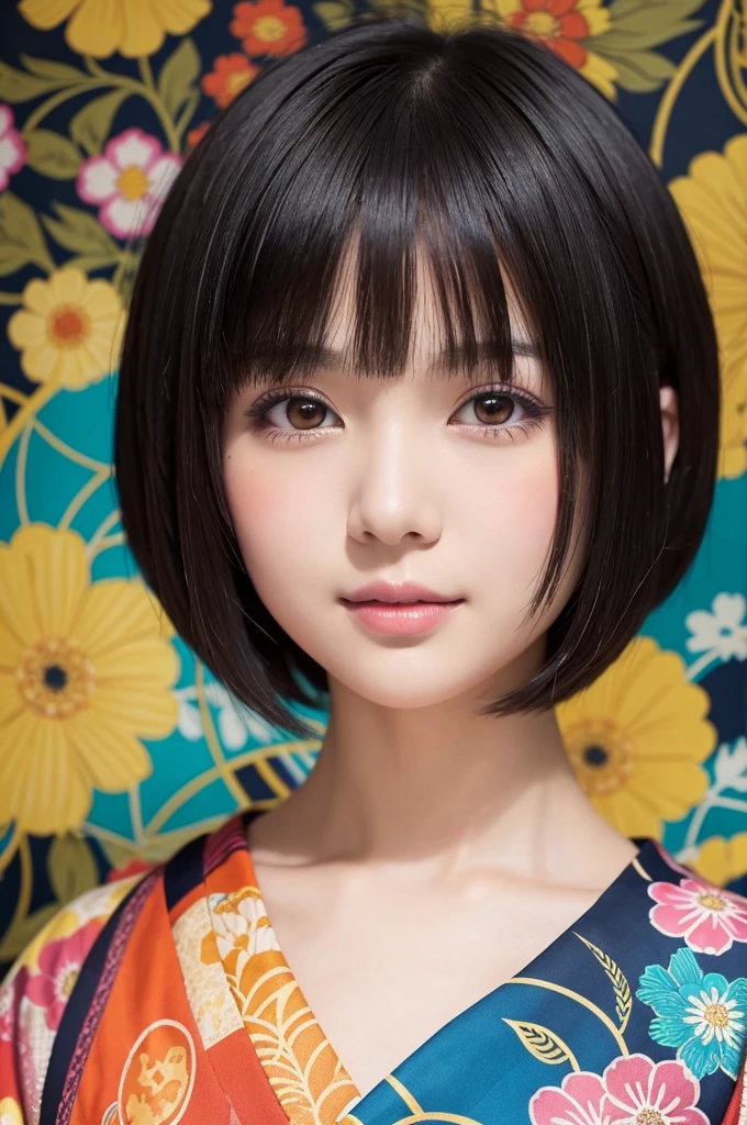 A beautiful anime-style portrait of a young woman with short black hair and a bob cut. She is wearing a floral-patterned kimono with vibrant colors and intricate designs. The background is filled with abstract, colorful patterns that complement the traditional Japanese aesthetic. The woman has a delicate, slightly mischievous expression, and the lighting highlights her soft features.