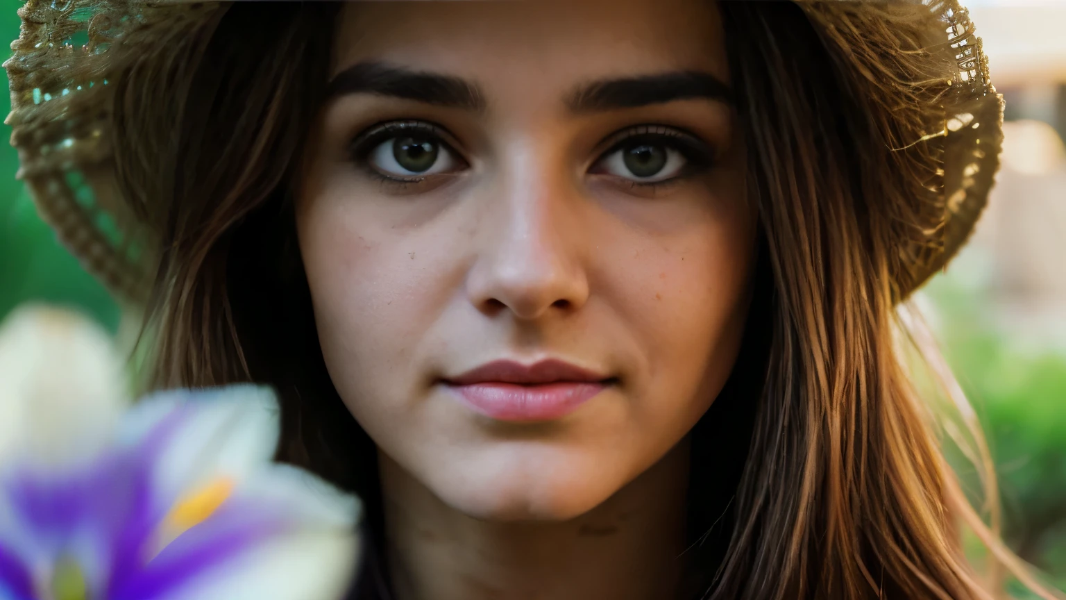 Melissa sue anderson, gypsy girl,masterpiece:1.2 - (best quality) (detailed) (intricate) (8k) (HDR) (wallpaper) (cinematic lighting) (sharp focus),1girl, catacombs, happy, 20 years old girl, break, upper body, closeup, break, garden flowers