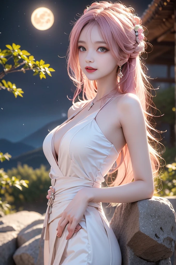Senji,1 woman,long hair,pink hair,purple eyes,very long hair,hair_decoration,Pink kimono, ((bare shoulders)), ((whole body)), In fact, fashion girl, red lips, mature woman, cosmetics, big eyes, beautiful eyes, ((whole body)), ((from below)), (best quality, masterpiece:1.2), very detailed, (In fact:1.37), ((sexy long legs)), beautiful, young and energetic, Attractive models, big bust, split, (delicate eyes, detailed lips, extremely delicate eyes), Show me a bright smile, Create cool girl images, disapproval, very high saturation, official art, very detailed CG 통합 8k 벽지,(high dynamic range :1.4), (cinematic),(pastel colors, dull color, calm tone :1.3), (natural skin texture, ultra-In fact, soft light, sharp),(very detailed), night, moon, ((In the mountains, plant, leaning against a rock))