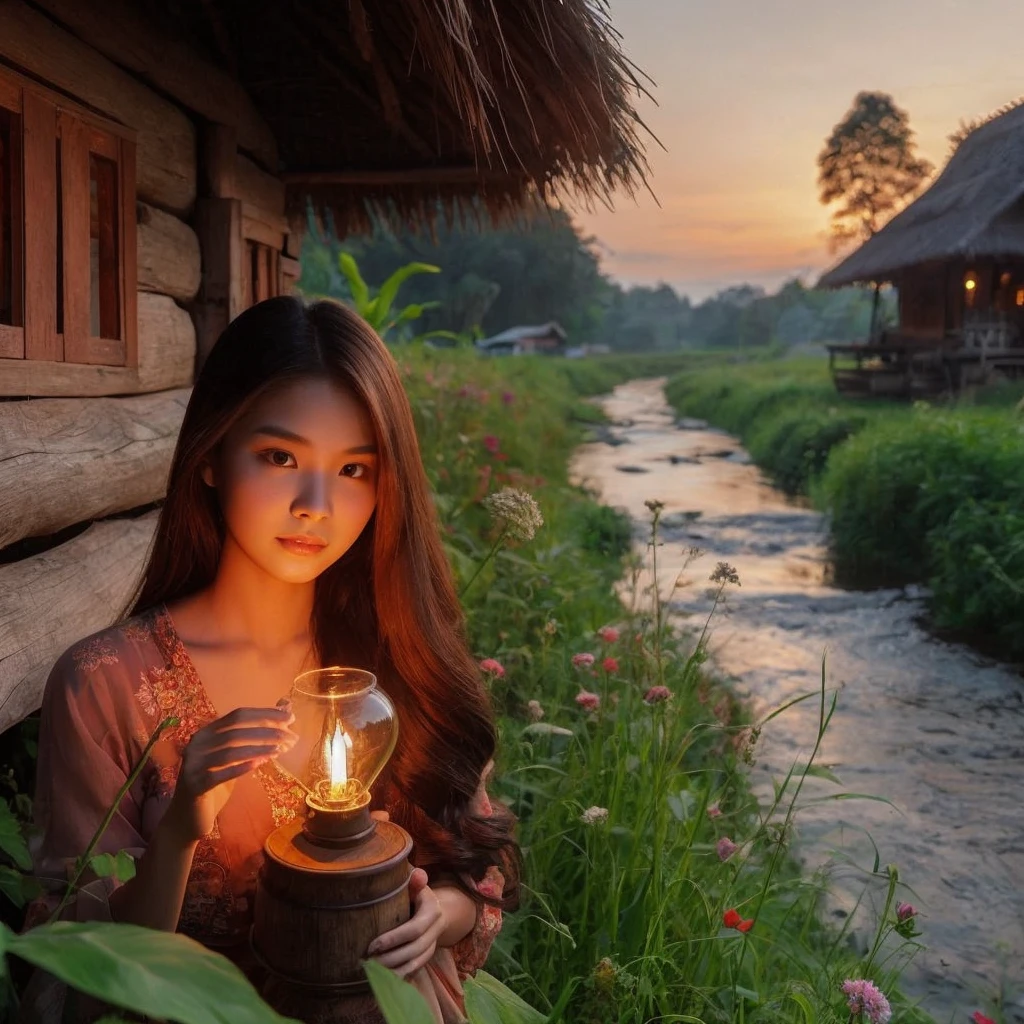 a beautiful Indonesian woman, 20 years old, oval face, beautiful long hair. Realistic skin, ideal body
was lighting a Petromax lamp at dusk in a traditional wooden house on the outskirts of the forest, beside which a river flowed clear. Green grass and various flowers add to the comfortable twilight atmosphere.