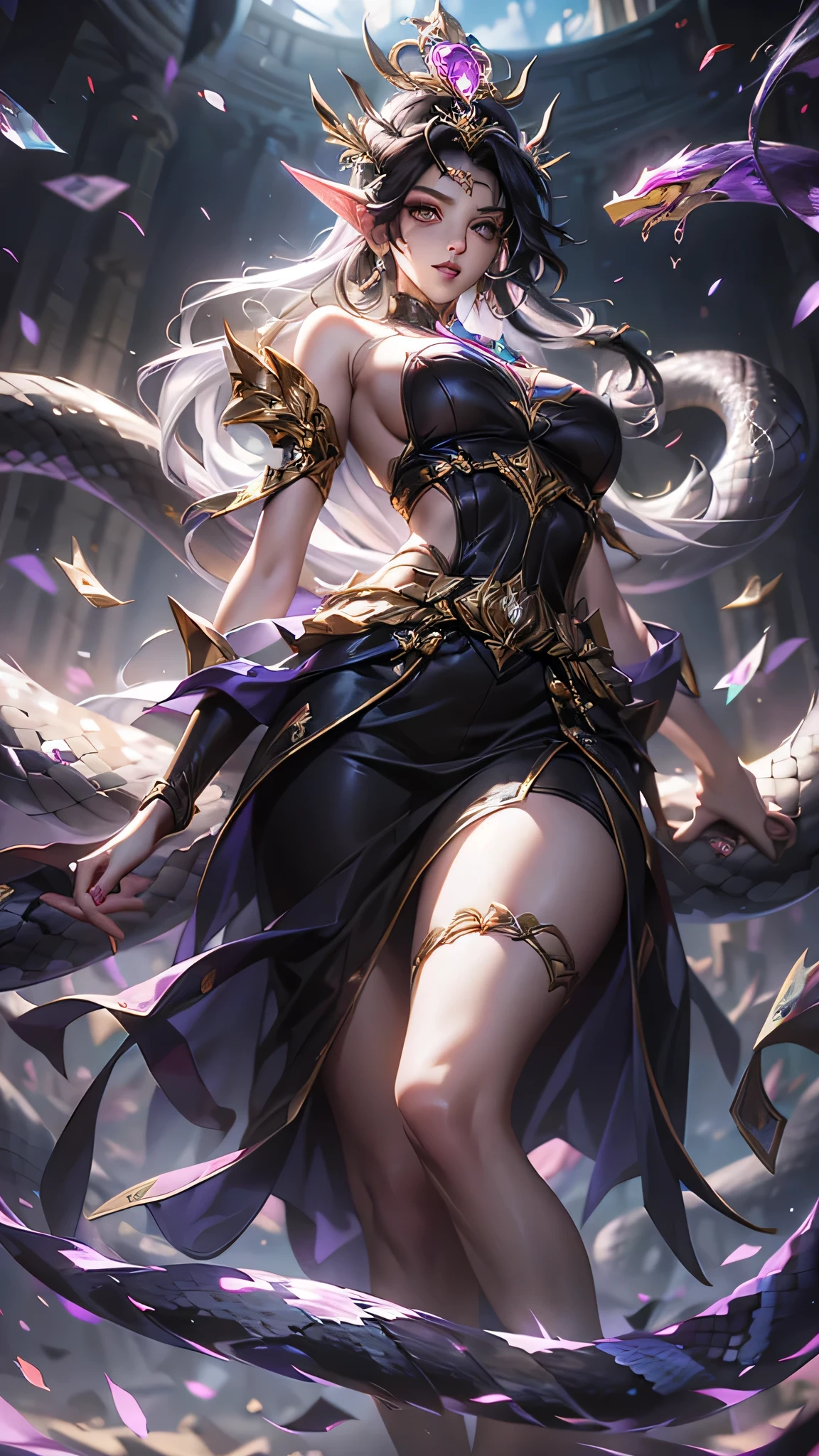 streaked hair, black hair, crown braid, crown, pac-man eyes, devil pupils, snake pupils, pointy ears, tsundere, Surrealism, anime style, Verism, clair obscur, cinematic lighting, depth of field, motion blur, god rays, from below, Sony FE GM has a graceful figure，Beautiful face，Exquisite facial features，Smooth hair，Blow on breakable skin，Queen with a crown on her head，Bare chest，Slender legs，
