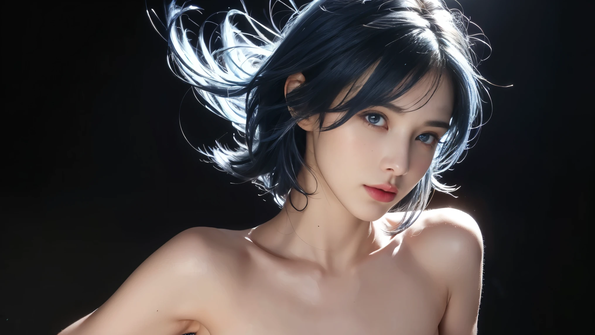 （and soul）、（secondary mysterious、Pisces、1 girl、blue hair、hair length、((French Twist))、blue eyes、gradient eyes、sparkling eyes、bright eyes、finely tuned、expressive eyes、nude, topless, tight breast, ripe breast、plump body, wet skin, wet hair, gem、blue lighting、blue theme、（shape：1.5）、abstract、highest quality、Super detailed、(((share breast)))、take a shower, body wet by water, sexy, hot, upper part of the body, hug a monkey on arms