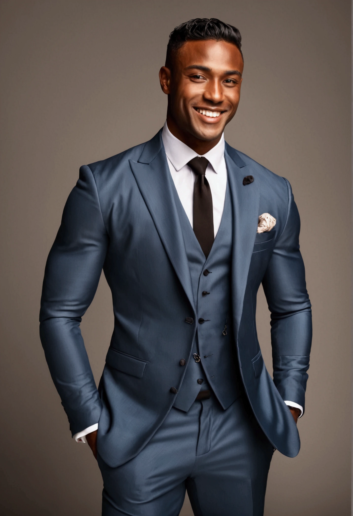 handsome man with light black skin, using suit, strong physique and sideways smile with a heartthrob face. chic.