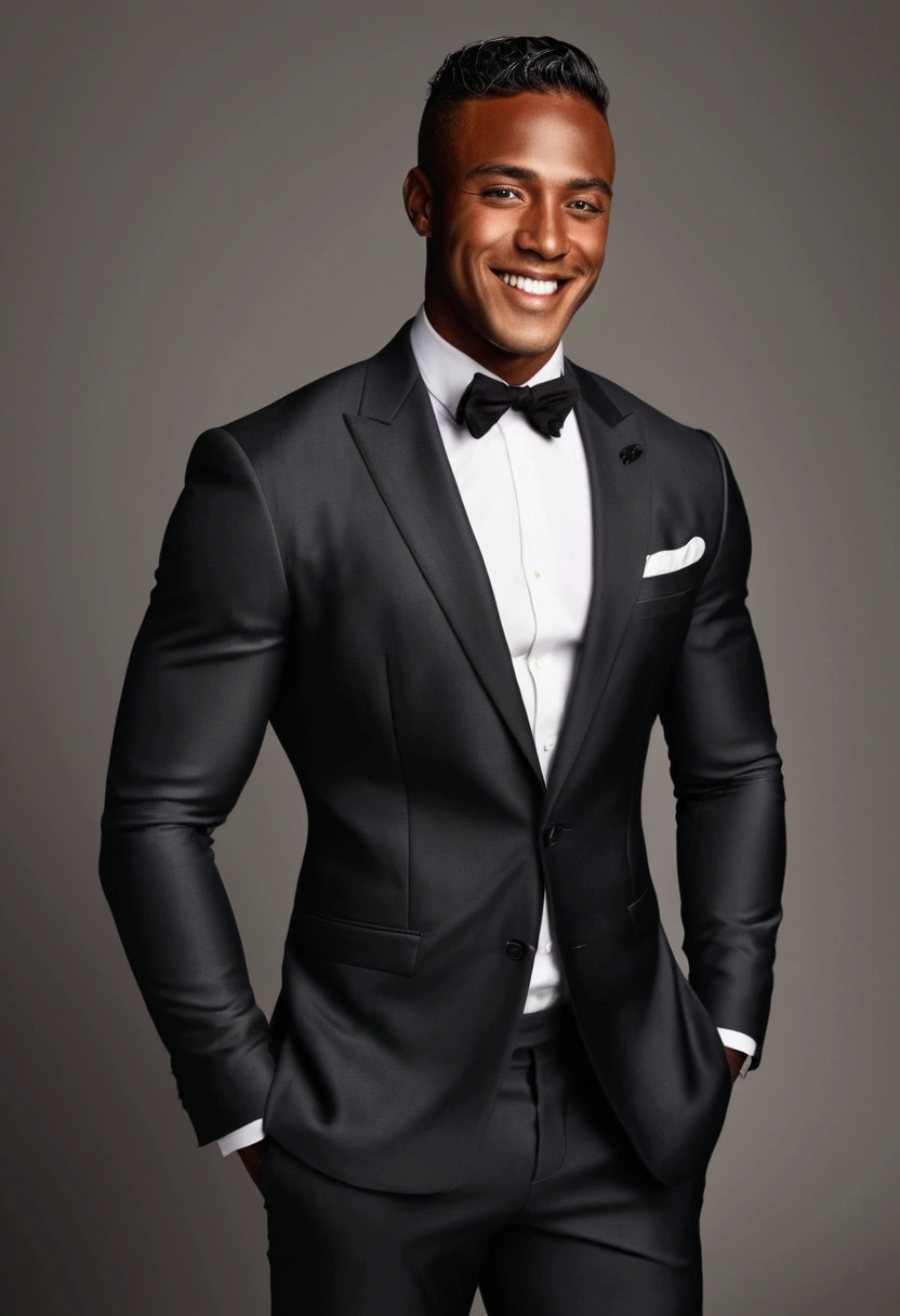handsome man with light black skin, using suit, strong physique and sideways smile with a heartthrob face. chic.