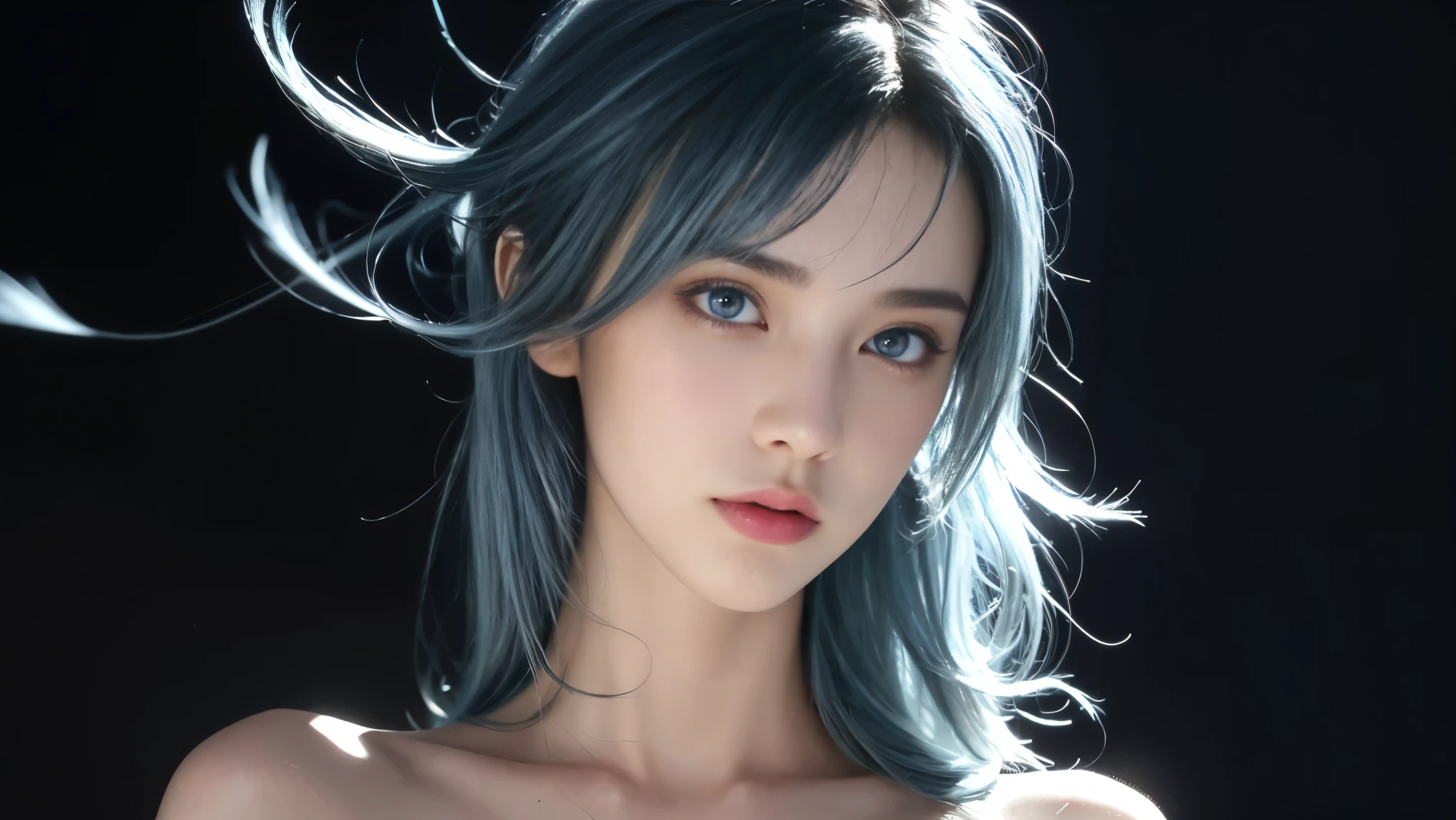 8K, Top Quality, Intricate Details, Ultra Detail, Ultra High Resolution, Masterpiece, close up shot, face shot, (full body: 1.1), Slender, Smile, (Makeup: 0.4), ,(( blue hair, bangs, short hair, blue eyes, )), (Fluffy Eyes: 1.21), (()), 1girl, solo, 1 girl, (()), close up shot, , ((tall)), (((fit body))), (((slim face))), sharp face, (( )) ,, )) ,(detailed face), sharp face, small lips, , ,((, )) ,, ,
((,no bra, braless )), , ((wind blow, strong wind, wind blow hair )), detailed face, detailed breast, large breast ,huge breast, detail nipples ,, Narrow Waist, Skinny, tall , 190 cm tall, Muscular, Navel, Exposed Abdomen, Pointed Chest,, Beautiful girl with accentuated slender abs: 1.4, Six Pack Abs: 1.4, , Perfect Body, detail legs, (( dark background)), black background,