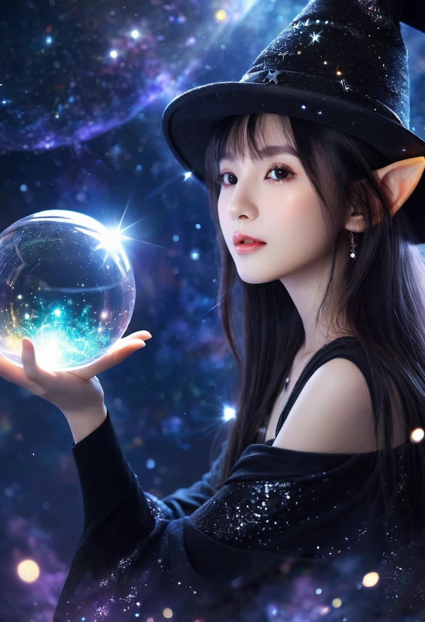 best quality, high resolution, 1 Girl, Elf, Witch Hat, Floating in space, Energy Ball, Light Particles, Shiny hair, Shining Star, fantasy,