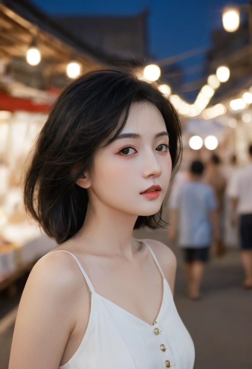 masterpiece, best quality, Miranda, (Half-length photo,Street Lights,moon),masterpiece, 1 Girl, Solo exhibitions, Beautiful woman on the busy street, Surrounded by vendors, Beautiful goddess girl portrait, Beautiful and delicate face, Porcelain skin, (((Half-length photo, center, night, Black Hair, short hair)), Super soft light, symmetry, complex, grace, High Detail, realism, Art, concept Art,