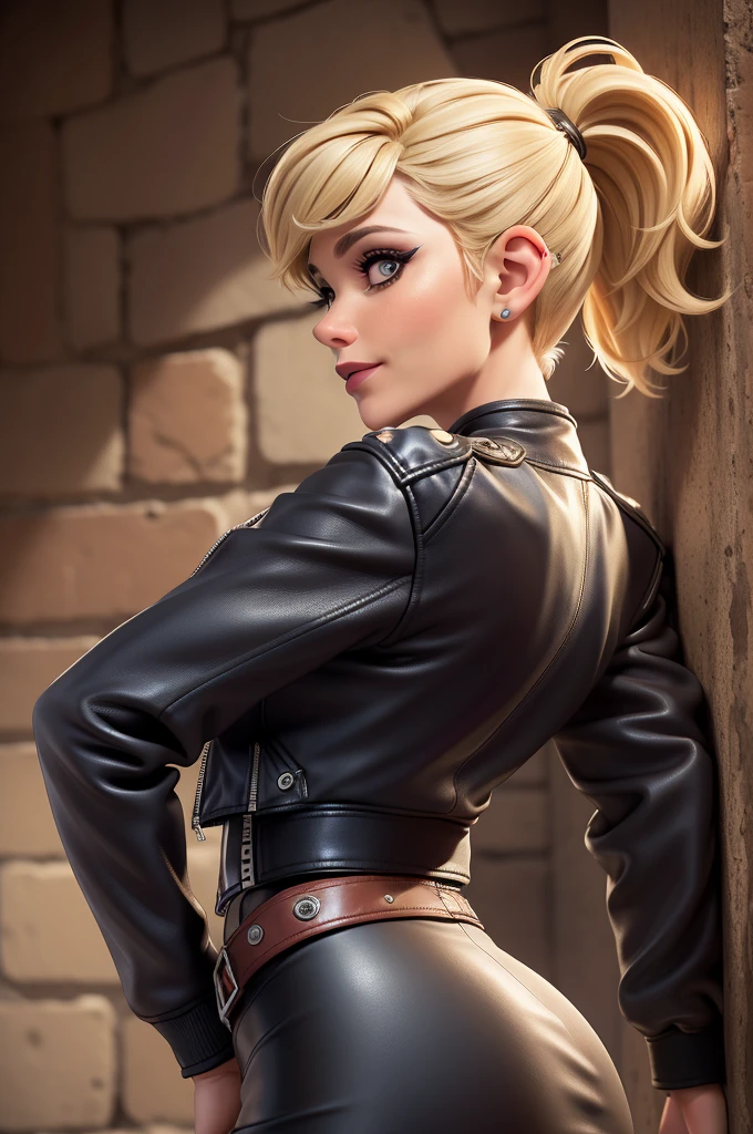 obra prima, melhor qualidade, ((one woman only,)) ((nina blackwood, heavy eye makeup, short blonde pixie hairstyle,)) looking over shoulder at me, wild eyes, thick red lips, pucker face sexy smile, (((wearing leather biker jacket over leather covered bullet tits))) (high waisted coarse grain real leather skirt,) leather has buckles and zippers, body is slender, skinny tight ass, ((facing wall, shoulders arched back, twerk pose,)) (camera view of whole body, side view of body,) shallow depth of field, highres, HD, 8k, anatomically correct