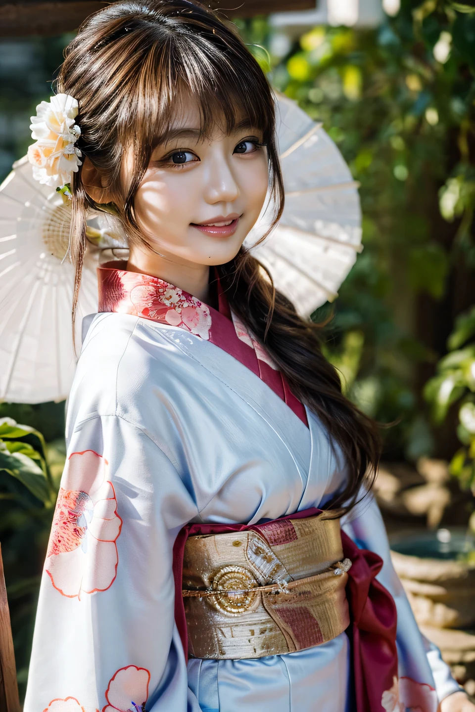 (8k:1.2), best quality, masterpiece, (ultra highres:1.2), beautiful detailed eyes, long eyelashes, double eyelid, high detail, detailed hairstyle, detailed face, hyper realistic,
1girl, solo, (18 years old), black hair, (pale skin:1.2), long eyelashes, realistic beautiful brown eye, beautiful detailed eyes, long eyelash, double eyelid, (mascara:1.2),
closed mouth, (smiling:0.8), slender, kawaii,
(kimono:1.2), obi, sash,
looking at viewer, (cowboy shot:1.2),
