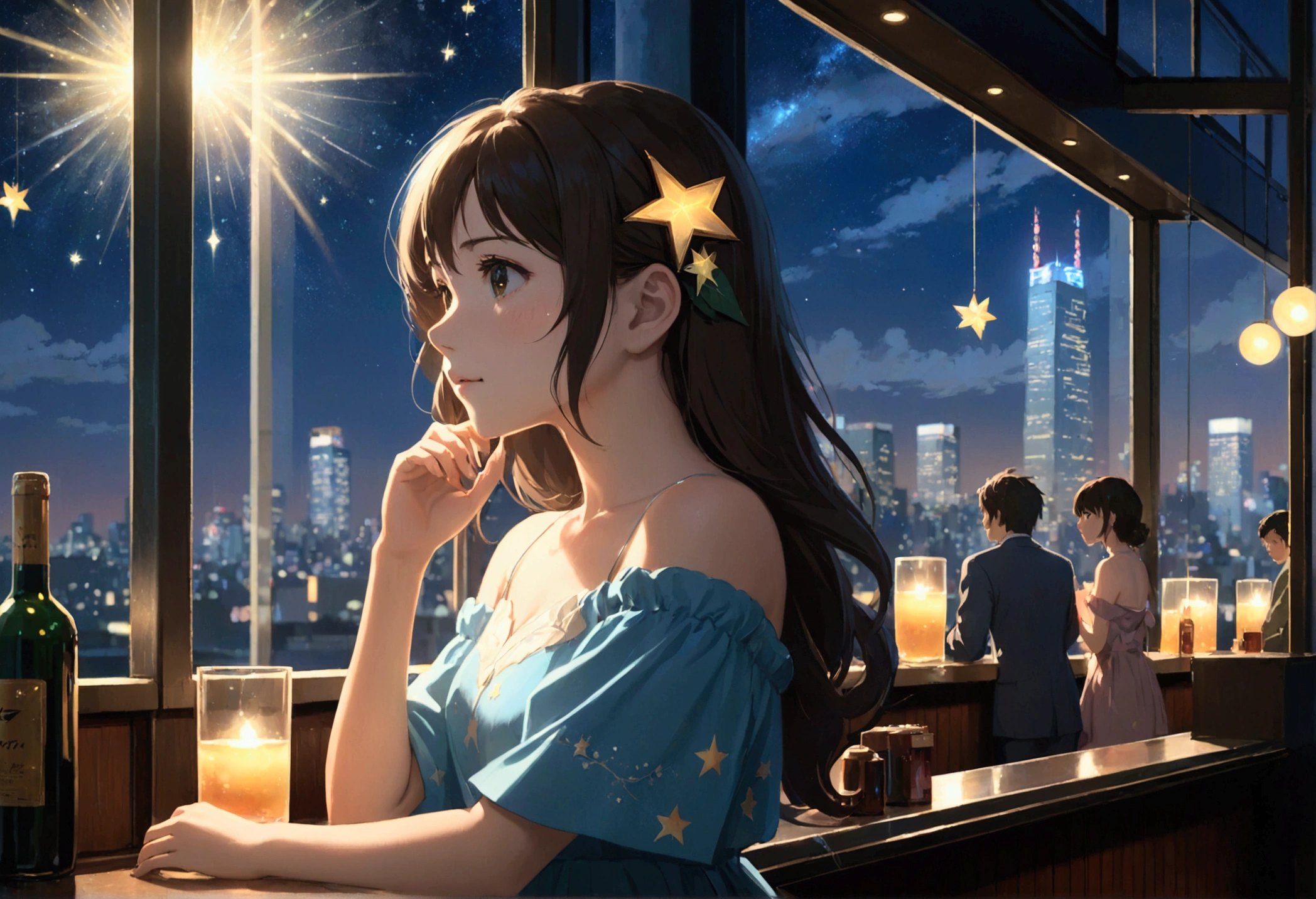 Uses Makoto Shinkai'The depiction is perfect,Portrait of Sana Minatozaki,8k 4k masterpiece photo ,Tokyo,Glass ceiling jazz bar,I can see the twinkling stars through the glass window.,that'Outside in the dark night,Jazz is playing,profile,Beautiful profile,Calm expression,Long Hair,Don't look here, look in another direction,Standing alone at the counter,Off-the-shoulder dress,Bust is larger