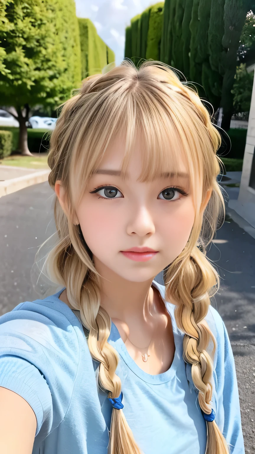 Sexy Big 、Sexy cute looks and cute 15 year old beautiful girl, beautiful and sexy face、A strong wind blows my hair in front of my face、beautiful long blonde French braided hair、beautiful, Cute and sexy eyes hidden behind long bangs