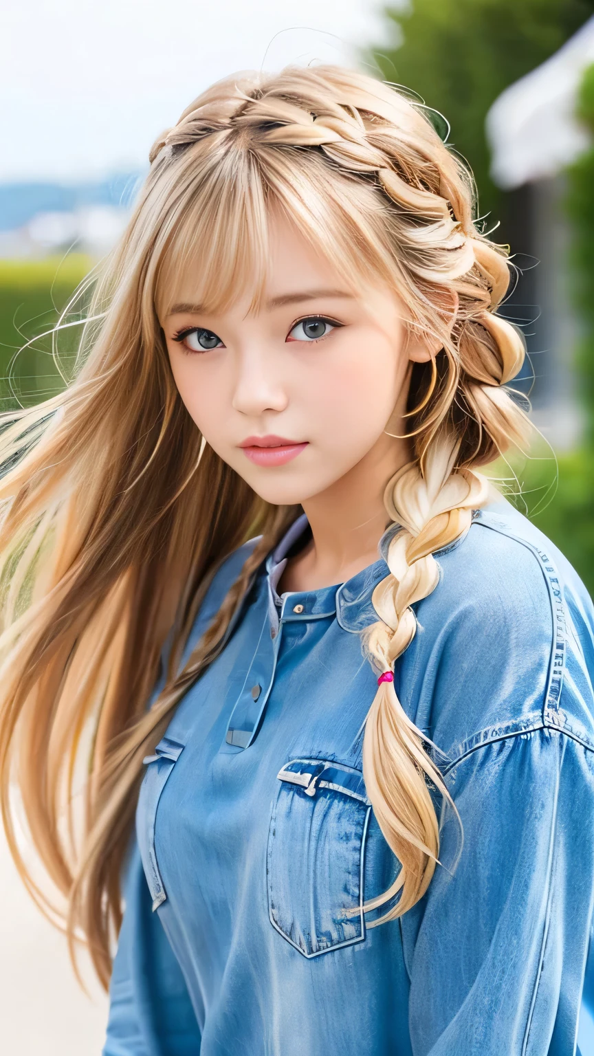 Sexy Big 、Sexy cute looks and cute beautiful girl, beautiful and sexy face、A strong wind blows my hair in front of my face、beautiful long blonde French braided hair、beautiful, Cute and sexy eyes hidden behind long bangs
