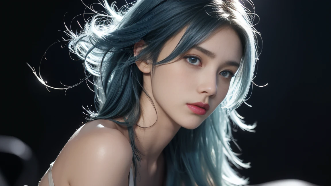8K, Top Quality, Intricate Details, Ultra Detail, Ultra High Resolution, Masterpiece, close up shot, face shot, (full body: 1.1), Slender, Smile, (Makeup: 0.4), ,(( blue hair, bangs, short hair, blue eyes, )), (Fluffy Eyes: 1.21), (()), 1girl, solo, 1 girl, (()), close up shot, , ((tall)), (((fit body))), (((slim face))), sharp face, (( )) ,, )) ,(detailed face), sharp face, small lips, , ,((, )) ,, ,
((,no bra, braless )), , ((wind blow, strong wind, wind blow hair )), detailed face, detailed breast, large breast ,huge breast, detail nipples ,, Narrow Waist, Skinny, tall , 190 cm tall, Muscular, Navel, Exposed Abdomen, Pointed Chest,, Beautiful girl with accentuated slender abs: 1.4, Six Pack Abs: 1.4, , Perfect Body, detail legs, (( dark background)), black background,