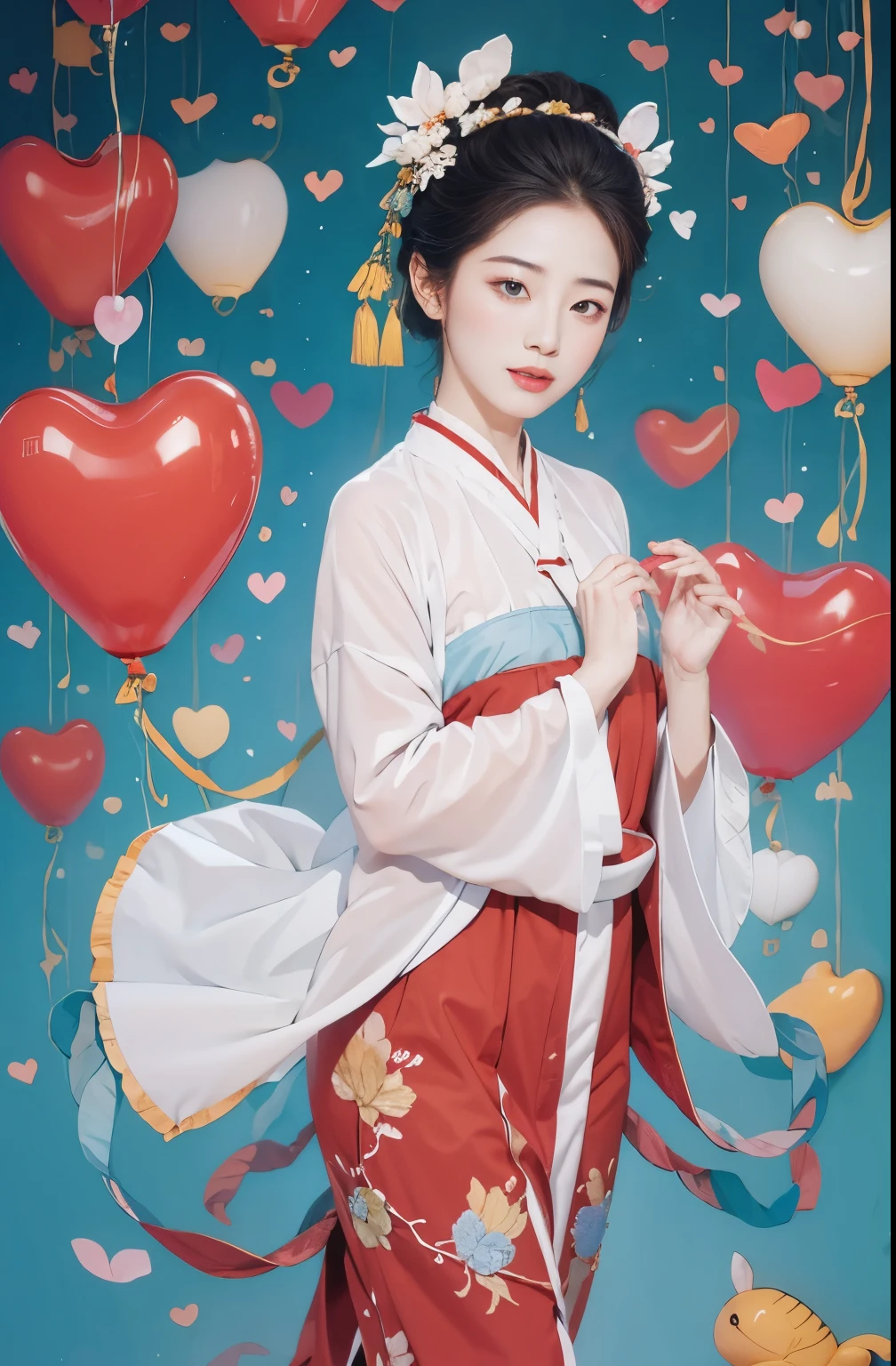 balloon，hand heart，Official Art， Unity 8k Wallpaper， Extremely detailed， Pretty and beautiful， masterpiece， Best quality， （Realistically：1.4）， （Dynamic Angle：1.4）， grace， Bright colors， ， Zhong Fenghua， 1 Girl， Lips slightly open， （Flowers twinkle：1.5）， （solo：1.5）， （Look at the lens：1.3）， Umbellate， （see through hanfu：1.3）， （Small Flower：1.5）， （plaster：1.3）， （Flowering：1.3）， Radiant Skin， （Floating colored flashes：1）The most beautiful form of chaos， （Pastel background：1.5）， （Traditional Chinese landscape painting background：1.3），  Full Body Love，Normal fingers，Only two hands，