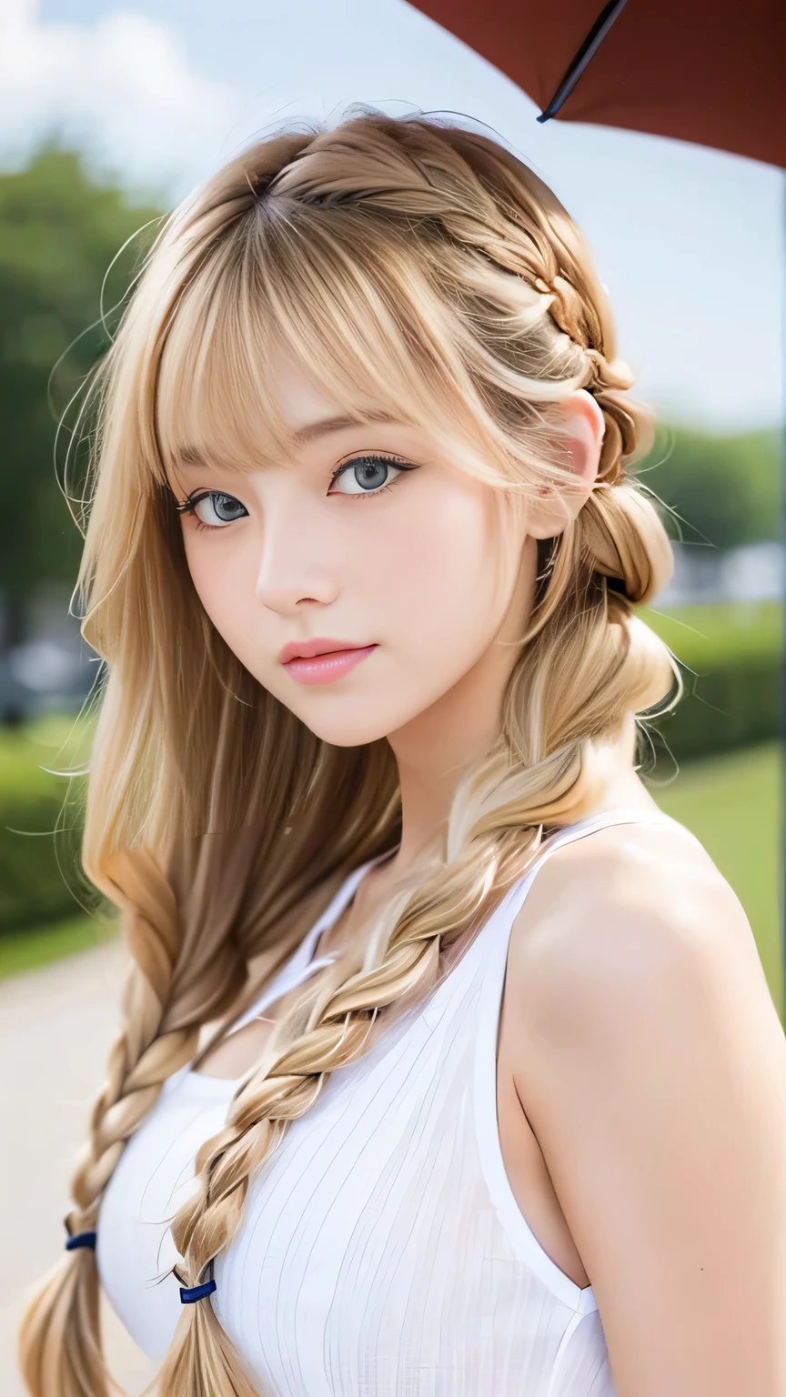 Sexy Big 、Sexy cute looks and cute 15 year old beautiful girl, beautiful and sexy face、A strong wind blows my hair in front of my face、beautiful long blonde French braided hair、beautiful, Cute and sexy eyes hidden behind long bangs