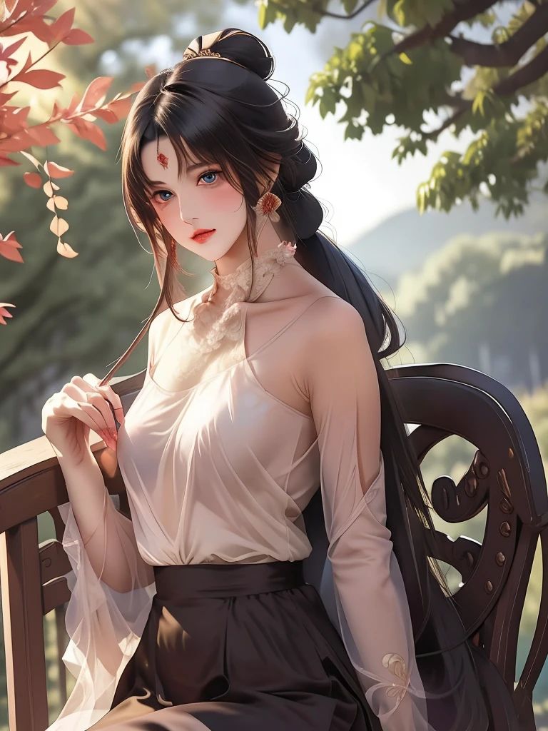 {{{masterpiece}}}, {{{best quality}}}, {{Extremely detailed}}, {light}, {illustration}, {Beautiful and delicate eyes}, {1 Girl}, Extremely detailed, 1 Girl, Solitary,, Black hair tied into a long ponytail, Wear a graceful figure, For the audience, outdoor, Woodland Background, Very detailed face and clothing, Slightly narrowed eyes, Perfect face, White skin, Hair bangs, Long hair, Noble and beautiful, Surreal 8K, CG, Flawless, Seductive expression, Intricate details, 22-year-old girl wearing chiffon Chinese long skirt, Best quality, Realistic photos,Light green dress, beautiful hairpins and jewelry hanging in the hair