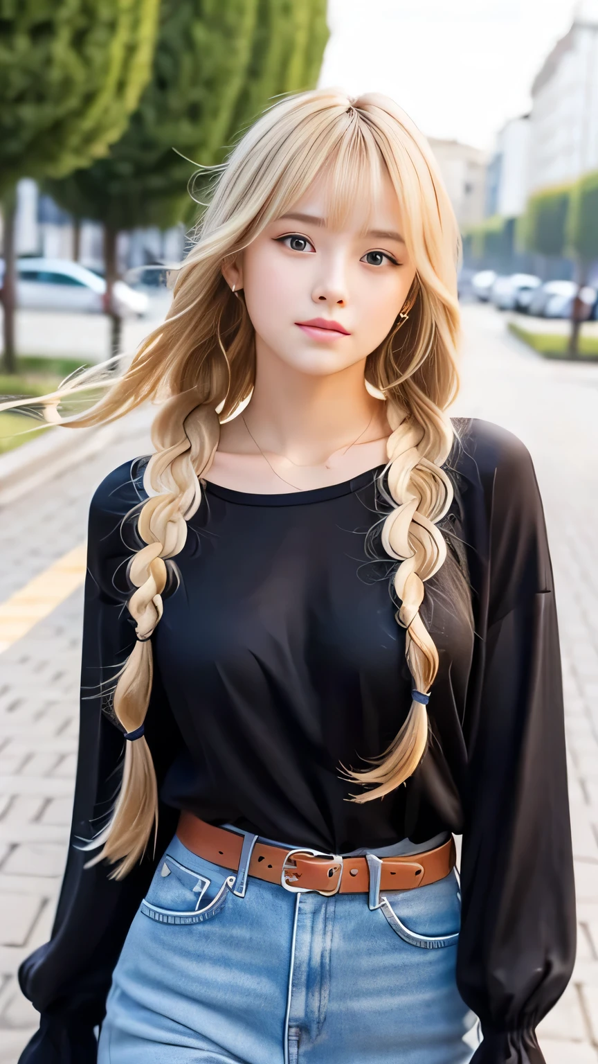 Sexy Big 、Sexy cute looks and cute 15 year old beautiful girl, beautiful and sexy face、A strong wind blows my hair in front of my face、beautiful long blonde French braided hair、beautiful, Cute and sexy eyes hidden behind long bangs