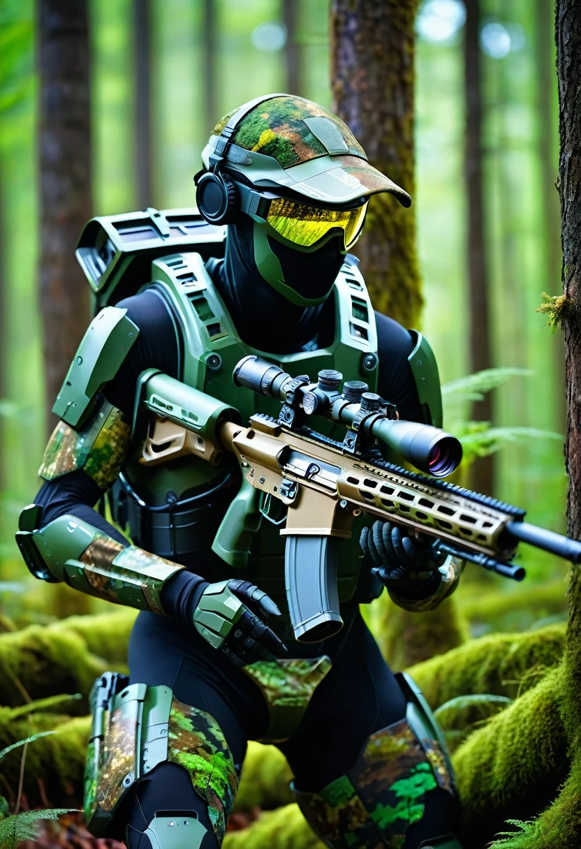 Ultra-high resolution Real photographic,A stylish ground combat robot sniping in the thickets of a forest.The robot is stylish, about human height, and completely self-supporting.Wearing forest camouflage that blends in with the forest,The head is round and stylish with goggle-type eyes.The slender body is equipped with numerous pieces of reactive armor.Holographic optical camouflage blends in with the forest.(He is holding a long-barreled sniper rifle and aiming through the scope:1.5).Beautiful expression of optical camouflage with holographic effect,Realistic depiction of forests,Expressing the tension during a snipe,Fog rolls in the forest,Side shot,Ultra-realistic photography,Super high resolution, super high quality,(Masterpiece Best Quality4k, 8k, :1.2)Ultra detail,Ultra-fine painting,Physically Based Rendering,Professional photography,Photos taken with a high quality camera,