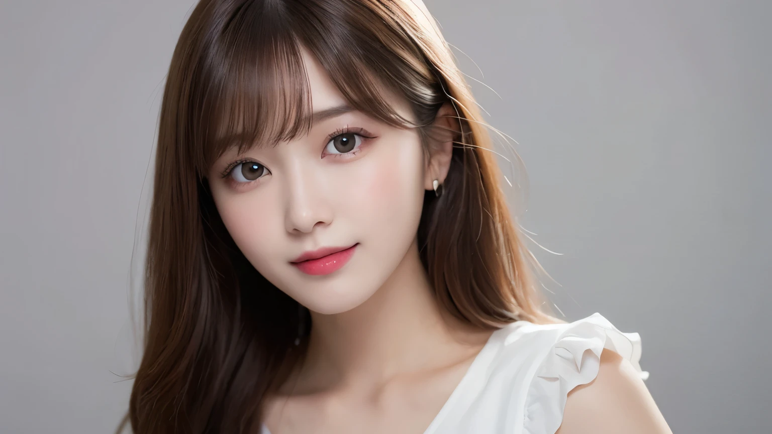 white background, bust up photo, Shows everything from the top of the head to the bust, looks happy, highest quality, shape, Super detailed, finely, High resolution, 8k wallpaper, Perfect dynamic shape, beautiful and detailed eyes, D cup, natural color lip,smile、20 year old girl, Beautiful and dense face、perfect and beautiful face,Big eyes、real photos(best image quality), blouse (off white)、looking at camera、Please stand、Do gal makeup