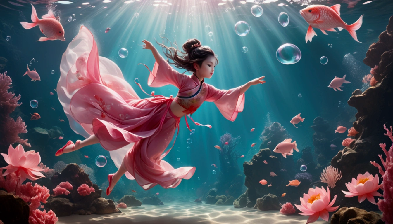 A promotional poster home page；Illustration style；1 dancing  girl, Solitary, Under the Deep Sea, underwater dance；Wearing pink Chinese clothing，Fairy the same，underwater dance，Step by step；dancer；Pink sea water，金色的bubble； Deep Shadows, Extraordinary details, bubble, bright, Embed:Average runoff, masterpiece, high quality, 4K，More white space。Leave white space in the center of the screen。