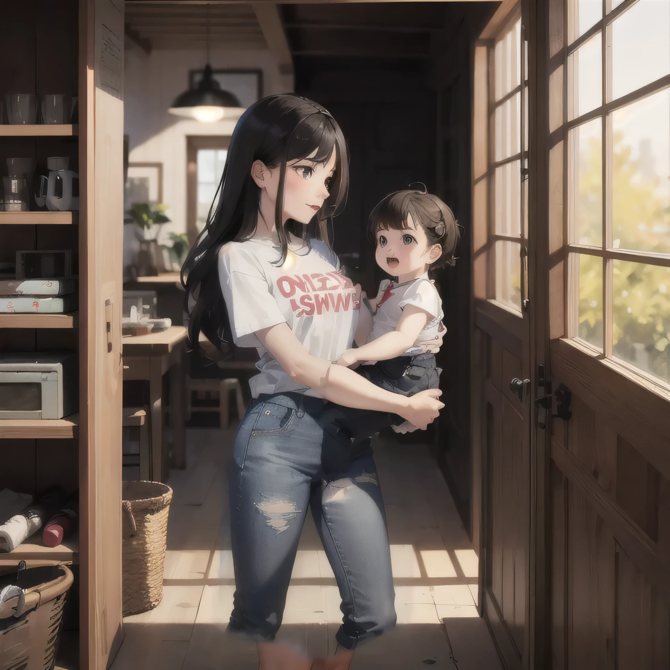 1 beautiful very beautiful woman sitting on a set of stairs with a baby next to her, hyper-realism, photorealistic, 8k, unreal motor --air 9:16 --Niji 5 --expressive style --s 400
