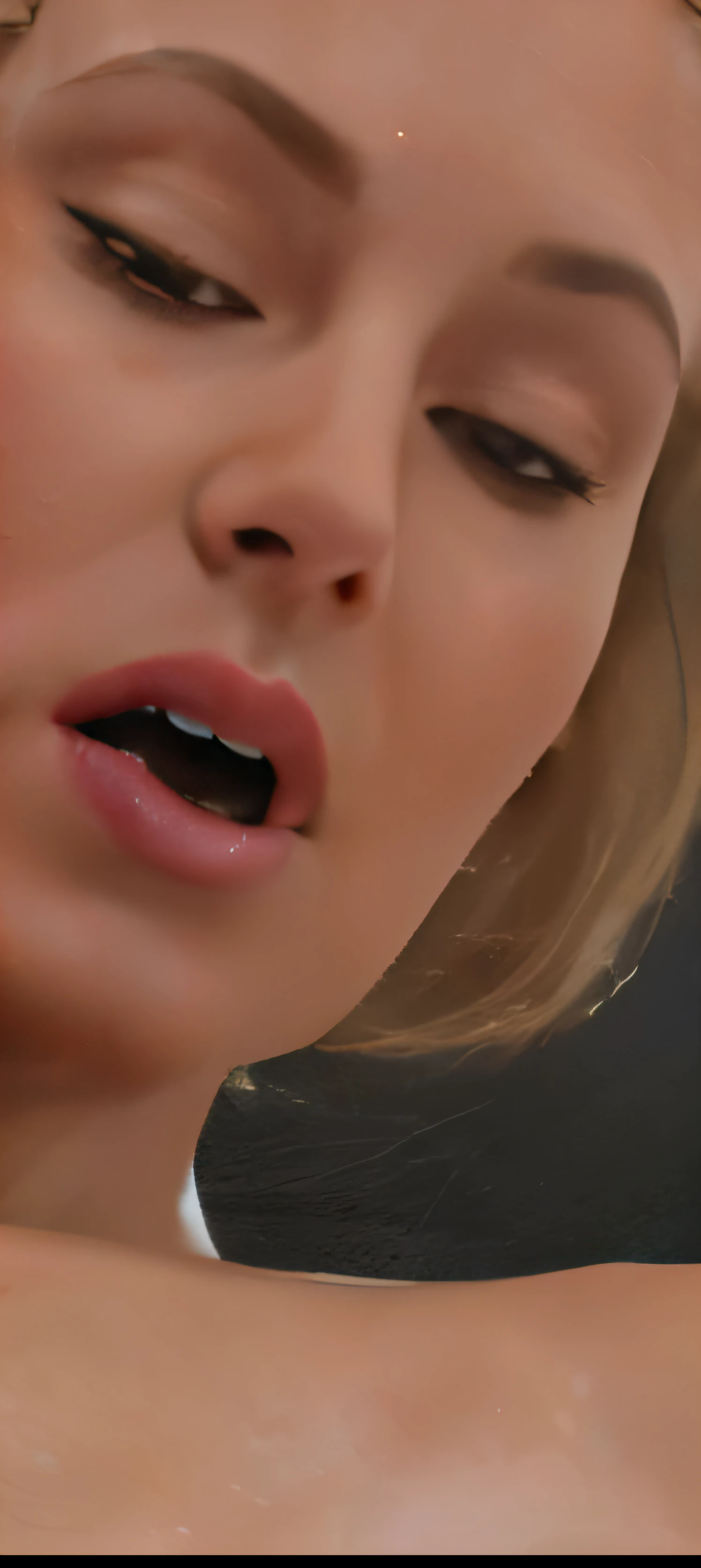 blond woman with a tattoo on her arm and a piercing on her chest, neck zoomed in from lips down, close up at face, closeup. mouth open, stunning closeupheadshot, close up face, face close up, small lips, extreme close up face shot, facial closeup, sexy lips, very small lips, closeup at the face, up close picture