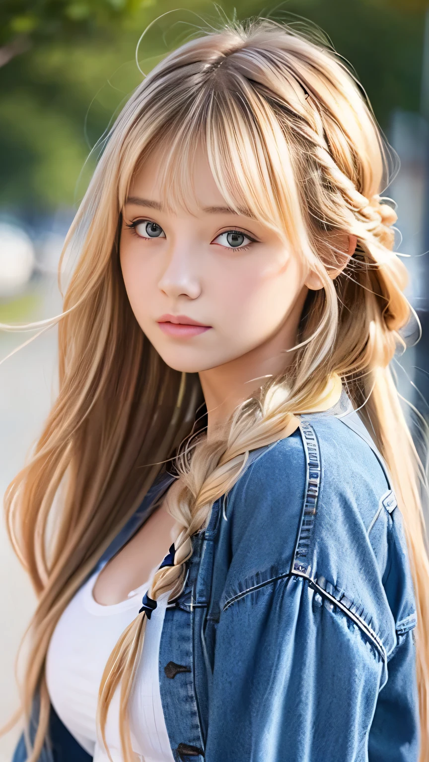 Sexy Big 、Sexy cute looks and cute beautiful girl, beautiful and sexy face、A strong wind blows my hair in front of my face、beautiful long blonde French braided hair、beautiful, Cute and sexy eyes hidden behind long bangs