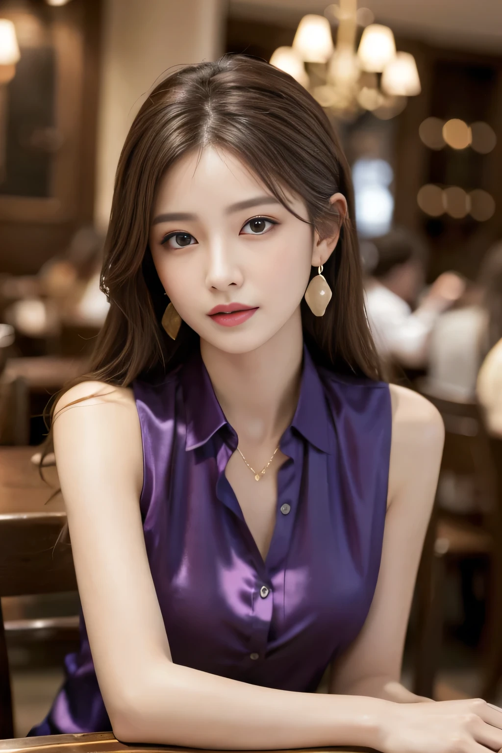 masterpiece, highest quality, Realistic, Very detailed, Finer details, High resolution, 8k wallpaper, One beautiful woman, Wear a light violet see-through shirt, In a great restaurant, At night, Light brown messy hair, Perfect dynamic composition, Beautiful and beautiful eyes、Big earrings