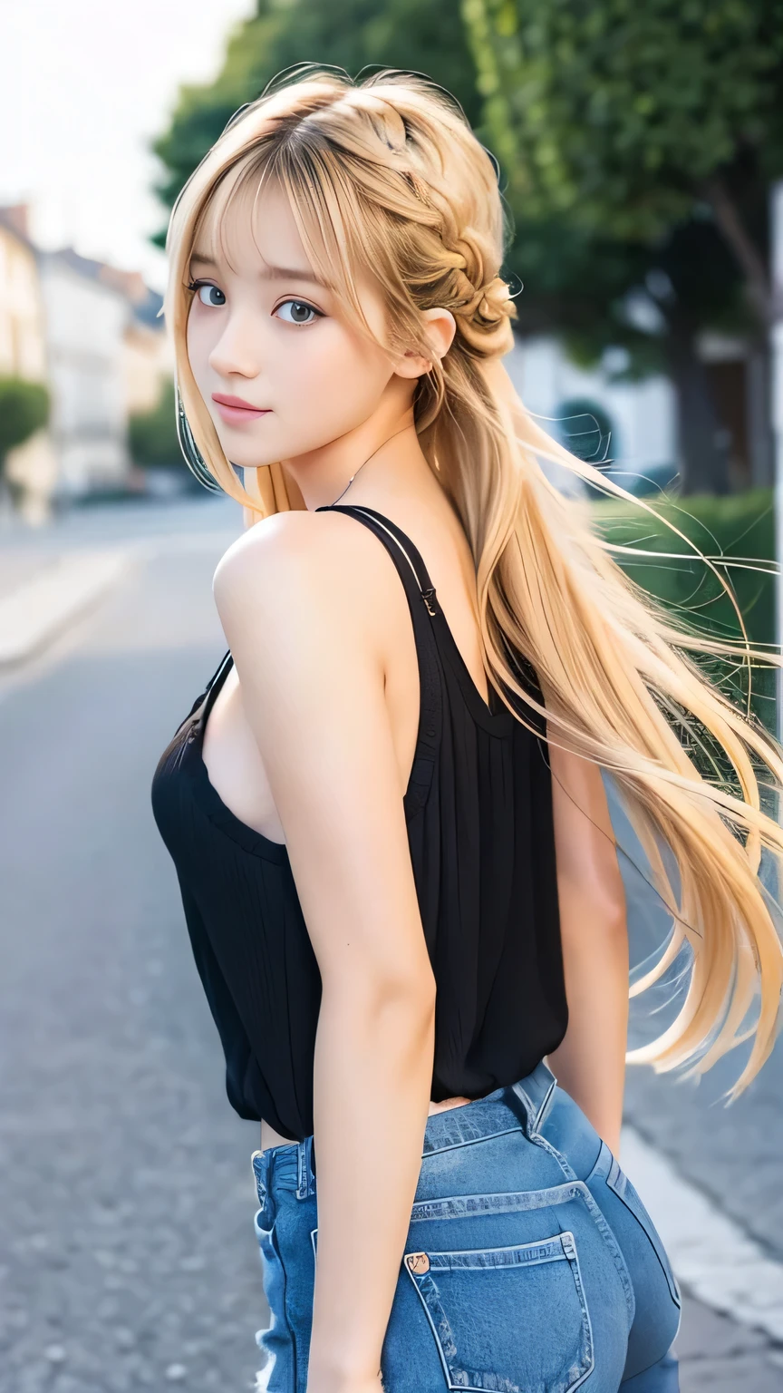 (8k, RAW Photos, Highest quality, masterpiece:1.2), Super detailed, Ultra-high resolution, (Realistic, Photorealistic:1.37) , High-definition RAW color photos, Professional photos, Very delicate and beautiful, Very detailed, 8k wallpaper , (Beautiful and detailed eyes:1.1),(Beautifully detailed face:1.1),Anatomically correct body shape , Fine and beautiful skin,Skin Texture ,(from side:1.3) Cowboy Shot , (looking at the camera:1.1) , Natural Light , 1 person , woman , Japanese , 20-year-old , E cup bust , Slim waist , , Shiny Hair , (Bun Hair , Blonde:1.2), Shy Smile ,(Sleeveless, Shoulder hole tops:1.1), , low rise shorts , , , (Sexy pose:1.3) , Emphasize the cleavage , (armpit:1.1)Sharp focus , The background is a real Shibuya intersection