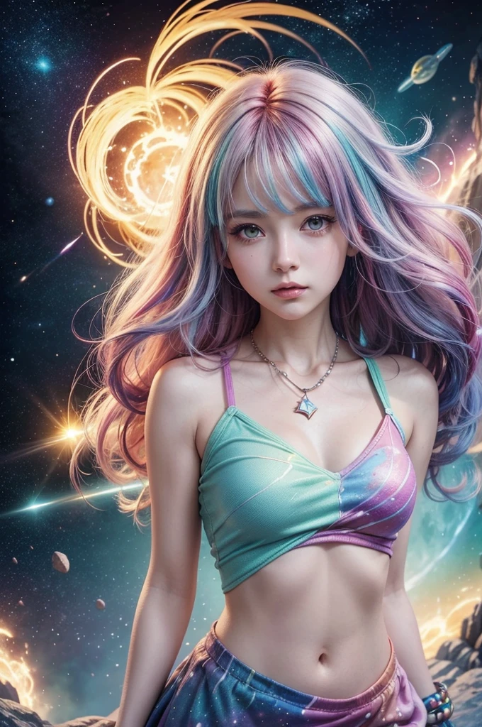 Close-up of a woman with colorful hair and necklace, anime girl with cosmic hair, The soft vibrancy of Ross Dres, Gviz-inspired artwork, Fantasy Art Style, Colorful], vibrant fantasy style, Ross Draw's energetic cartoon, cosmic and colorful, guweiz, colorfull digital fantasy art, stunning art style, beautiful anime style, White skin, Night Court,