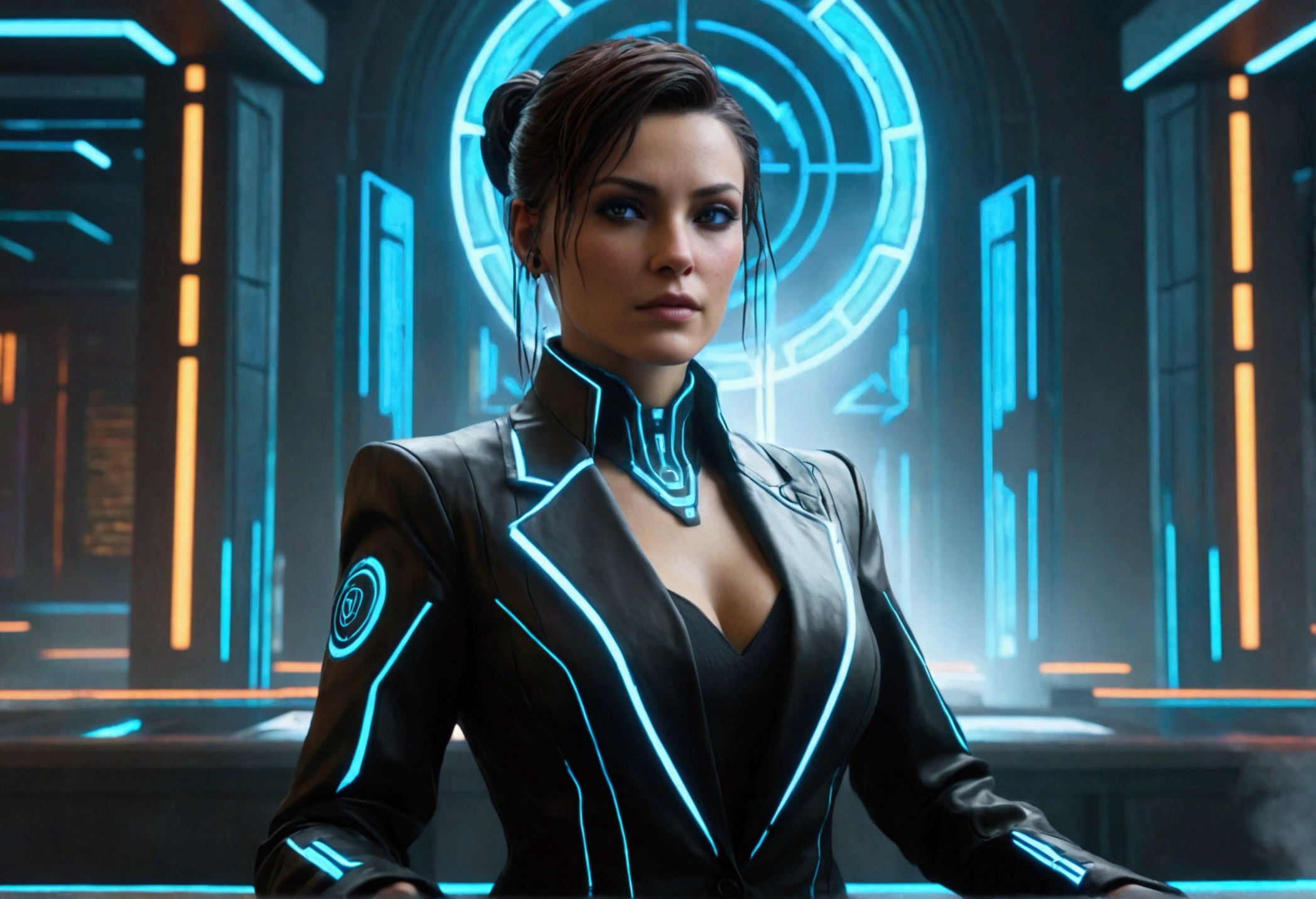 cyberpunk female lawyer, tron style, health bar over head, virtual courthouse, virtual jury, highly detailed, 8k, photorealistic, cinematic lighting, dramatic composition, neon colors, intricate futuristic architecture, holographic displays, advanced technology, dynamic poses, expressive facial features, vibrant colors, chiaroscuro lighting, depth of field, volumetric fog, procedural textures, hyper-realistic shaders, cinematic camera angles