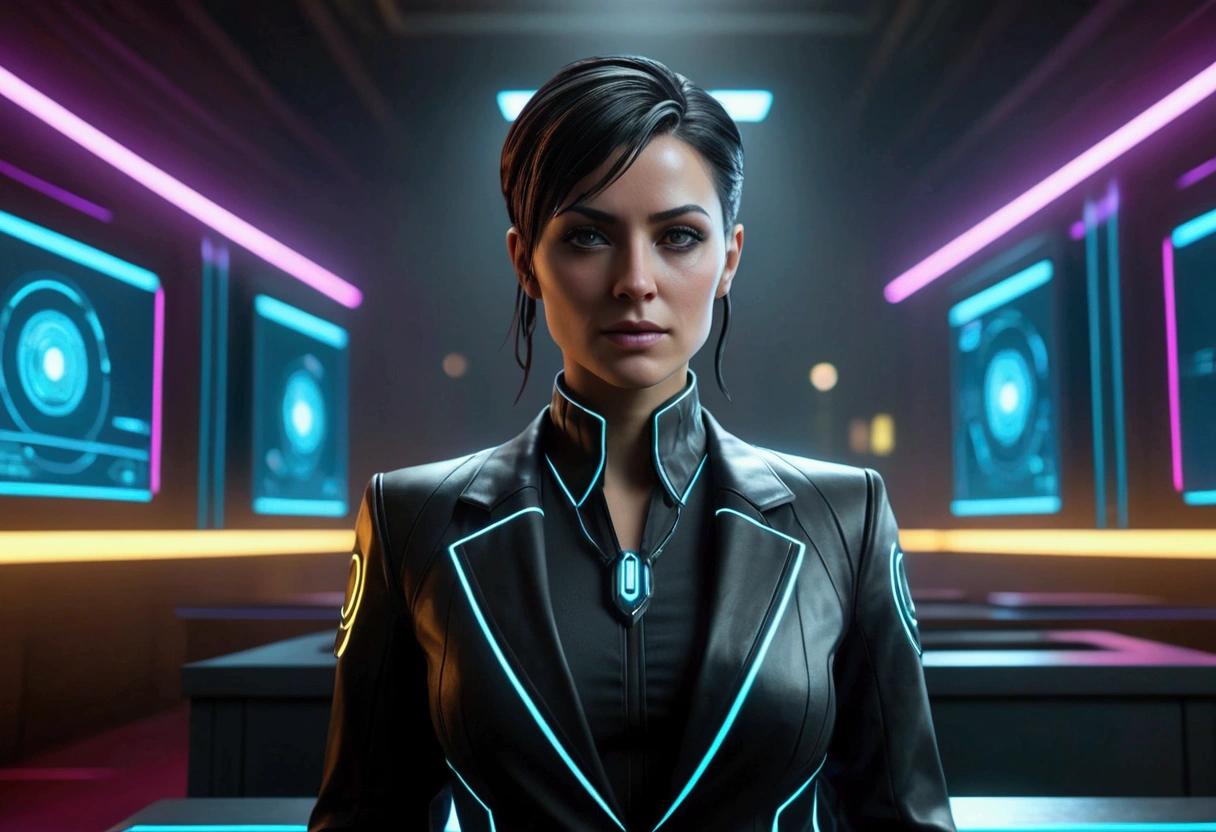 cyberpunk female lawyer, tron style, health bar over head, virtual courthouse, virtual jury, highly detailed, 8k, photorealistic, cinematic lighting, dramatic composition, neon colors, intricate futuristic architecture, holographic displays, advanced technology, dynamic poses, expressive facial features, vibrant colors, chiaroscuro lighting, depth of field, volumetric fog, procedural textures, hyper-realistic shaders, cinematic camera angles