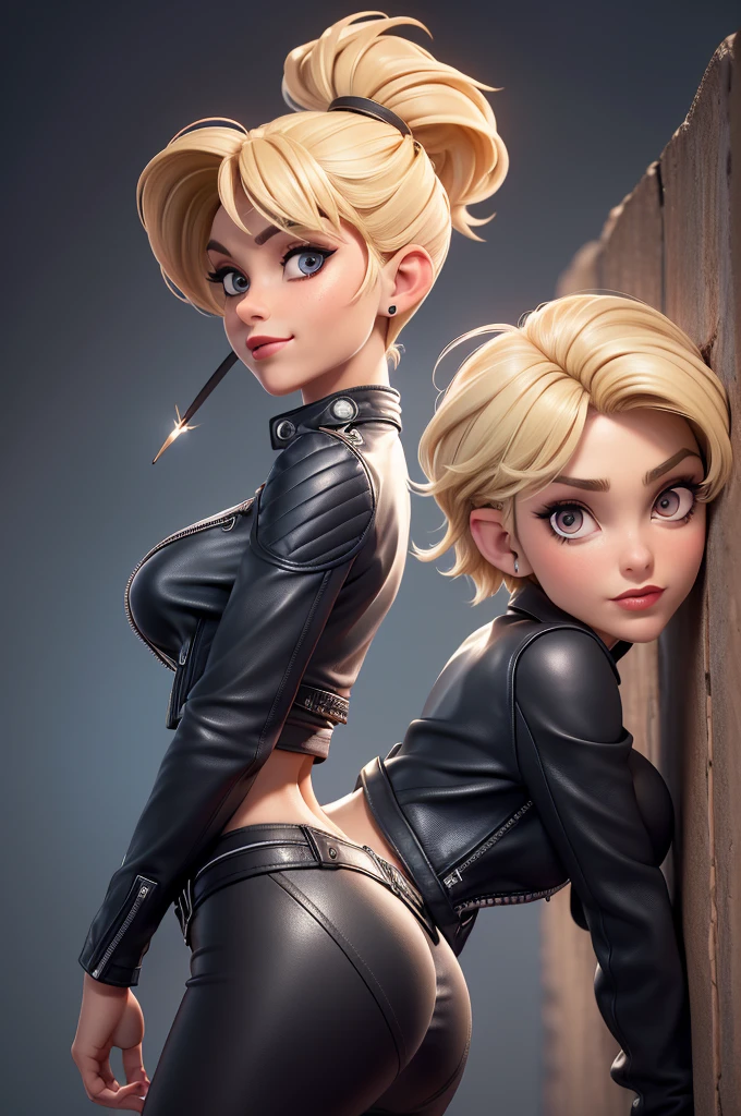 obra prima, melhor qualidade, ((one woman only,)) ((nina blackwood, heavy eye makeup, short blonde pixie hairstyle,)) looking over shoulder at me, wild eyes, thick red lips, pucker face sexy smile, (((wearing leather biker jacket over leather covered pointy bullet tits))) (high waisted coarse grain real leather skirt,) leather has buckles and zippers, body is slender, skinny tight ass, ((facing wall, shoulders arched back, twerk pose,)) (camera view of whole body, side view of body,) shallow depth of field, highres, HD, 8k, anatomically correct