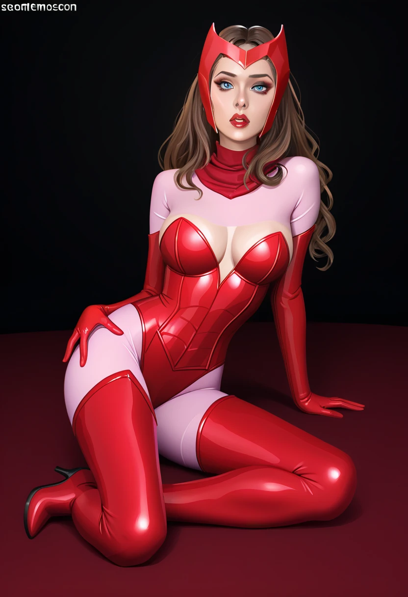 score_9_up, score_8_up, score_7_up, 1girl, solo, mature female, Scarlet Witch, brown hair, blue eyes, mascara, red lips, parted lips, fit slim body, perfect medium erected breast, (((red tight bodysuit, black mesh stockings, long red boots on high heels, red diadem on forehead))), (((higly detailed modern luxury bedroom))), looking at the viewer,