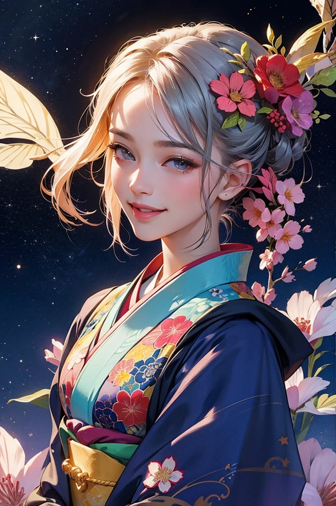 A beautiful woman wearing a gorgeously patterned kimono greets people with a smile under the starry sky